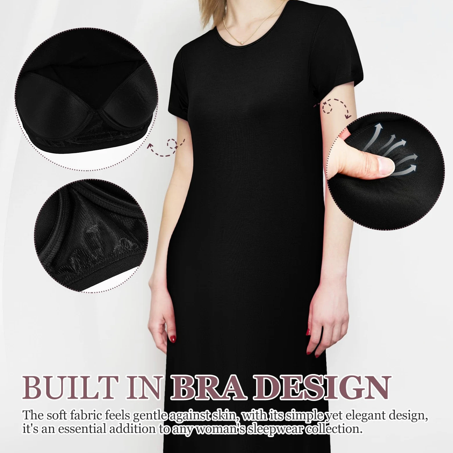 Garneck Camisón de Mujer de Manga Corta, Cuello Redondo, Holgado | Fibra Sintética Transpirable, Negro, Cómodo para Casa y Descanso, Talla Grande