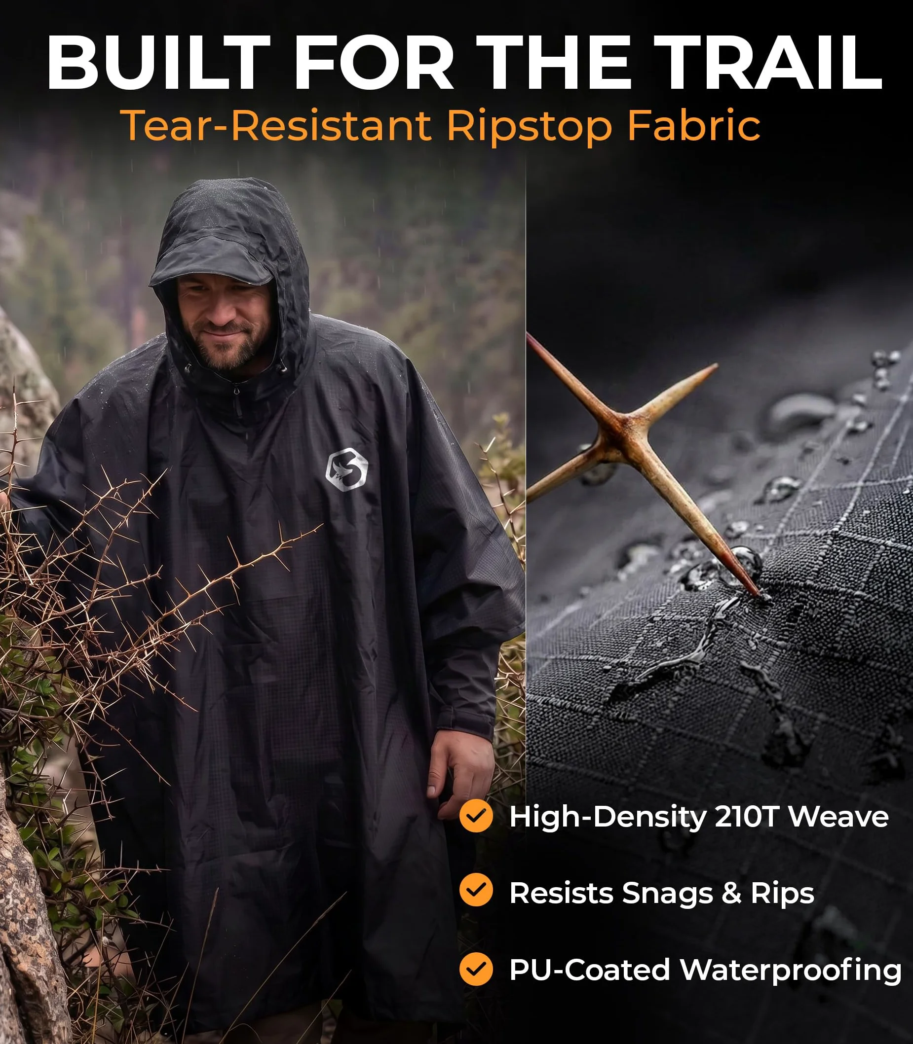 Foxelli Poncho de lluvia con capucha para adultos – Chubasquero impermeable, reutilizable, extra largo, para hombre y mujer, equipo ligero, negro, talla única, Negro , Talla única
