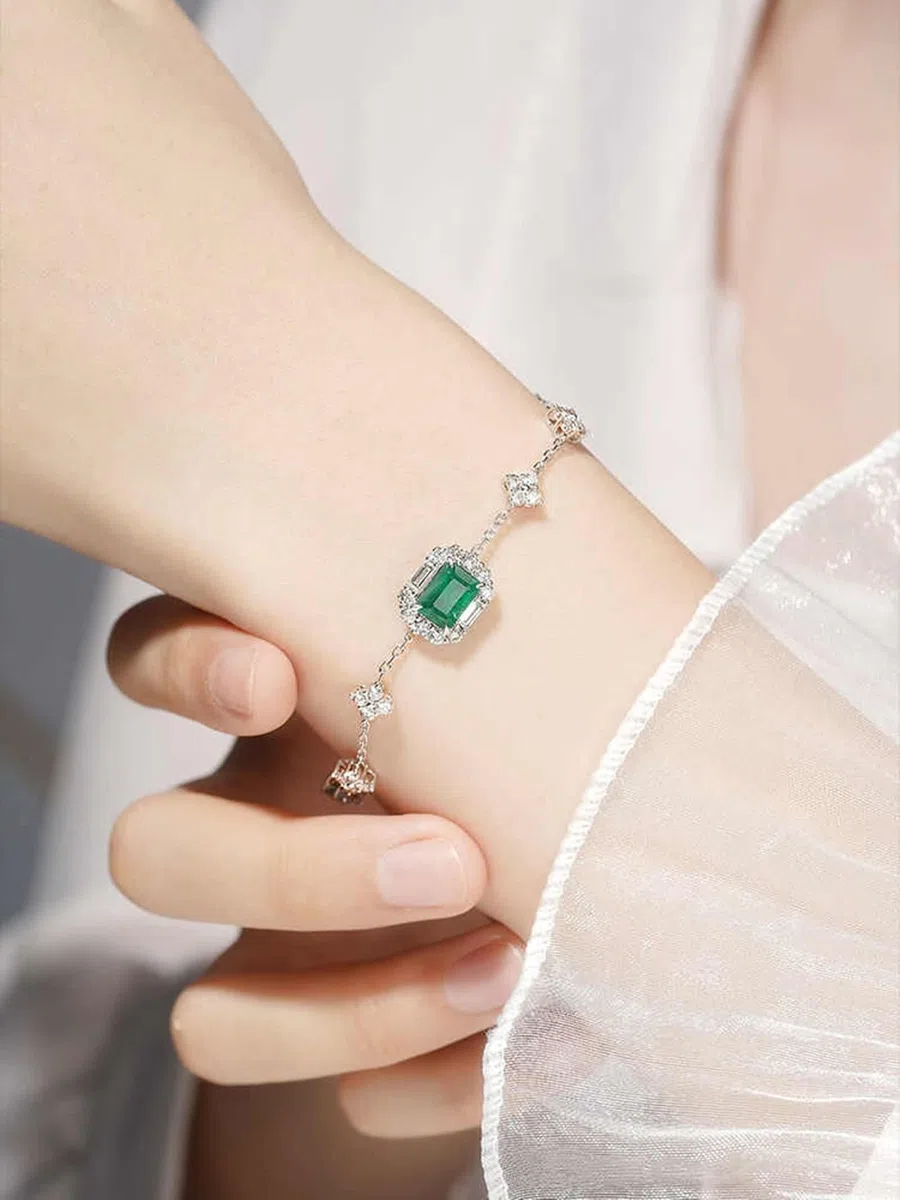 Pulsera de Oro Blanco Mujer 9K / 14K / 18K, Rectángulo con Esmeralda Creada de 0,63 ct y Moissanita de 1,3 ct, Cadena Extensible 16 CM + 5 CM, Pulseras de Mujer Ajustable de Plata Verde