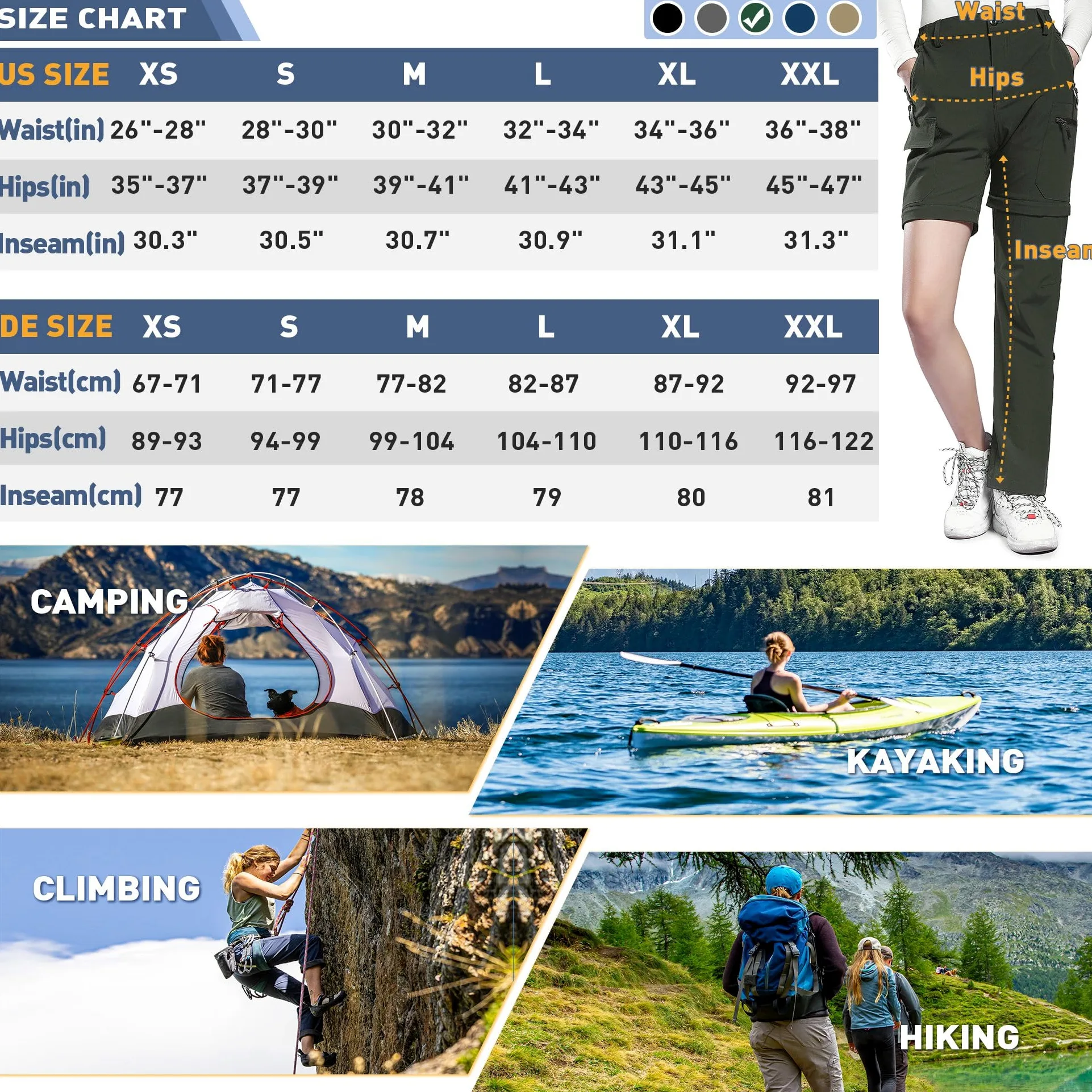 Hiauspor Pantalones de Senderismo para Mujer Convertibles Trekking Montaña Ligeros con Cremallera Secado Rápido Pantalon Elásticos para Exteriores UPF 50+