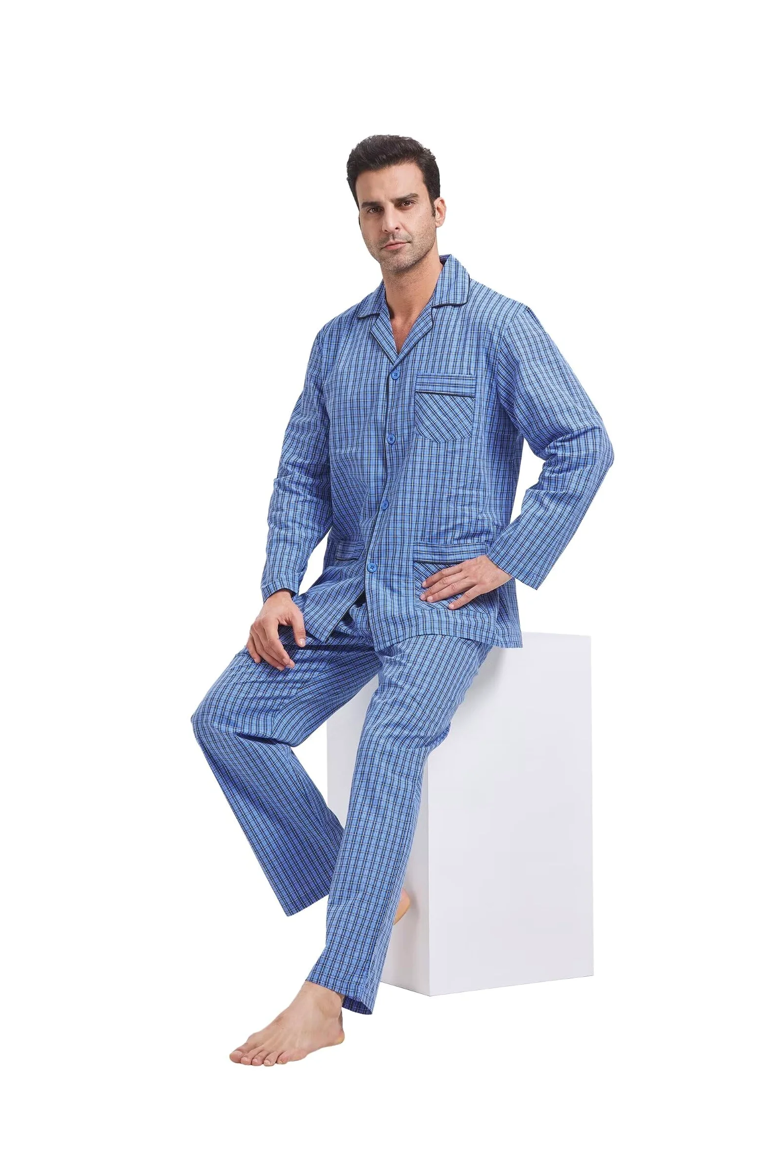 GLOBAL Pijamas Hombre Largos Pantalones Ropa de Dormir Conjunto de Algodón Pijama para Hombre con Bolsillos y Cordón
