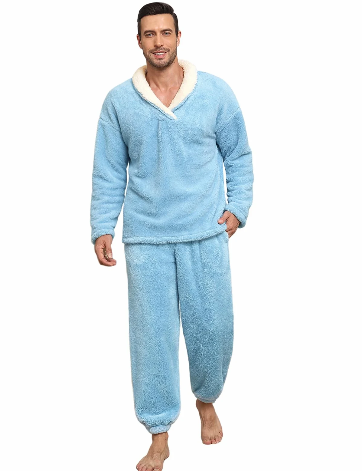 TOMEEK Pijama Hombre Invierno Largo Pijama Cálido Pantalones de Pijamas Hombre Conjunto de 2 Piezas Felpa Ropa de Estar por Casa Regalo