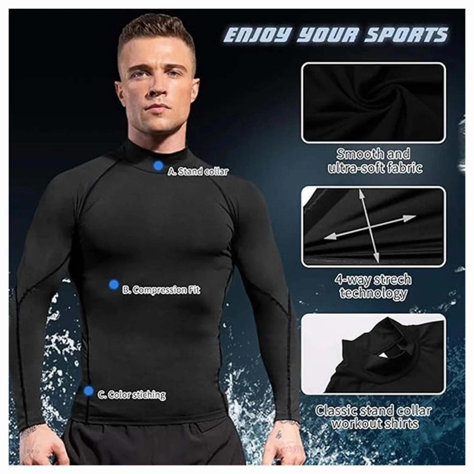 Camiseta Ajustada Deportiva de Manga Larga compresión Secado rápido con Cuello Alto for Hombre, Informal for Correr