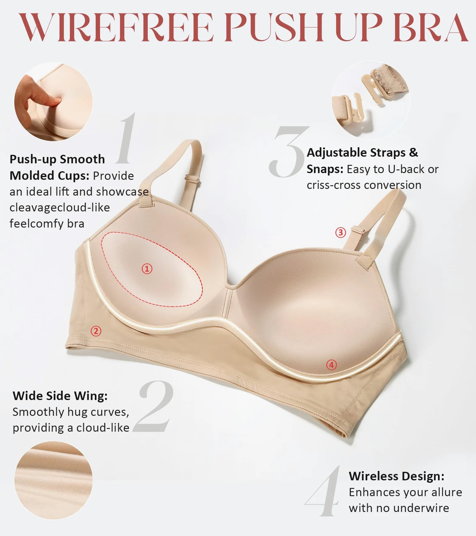 Lemorosy Sujetador push up sin aros para mujer, multidirección, convertible, escote en V, sin aros, acolchado, cómodo, brasier tipo camiseta