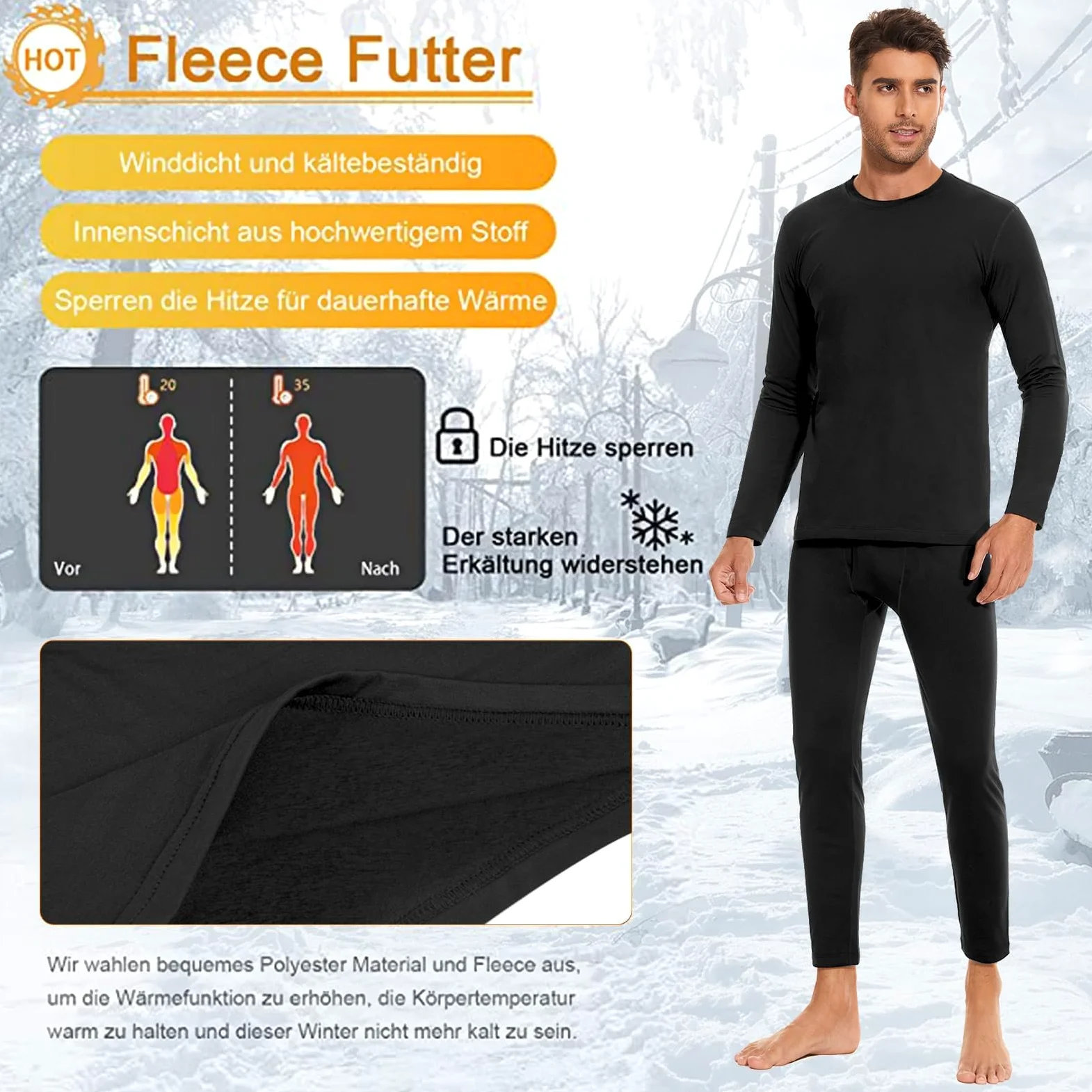 SIMIYA Conjunto de ropa interior térmica para hombre, ropa interior cálida con forro polar, parte superior e inferior ultraligeras con abertura, manga larga, ropa interior funcional de cuello redondo