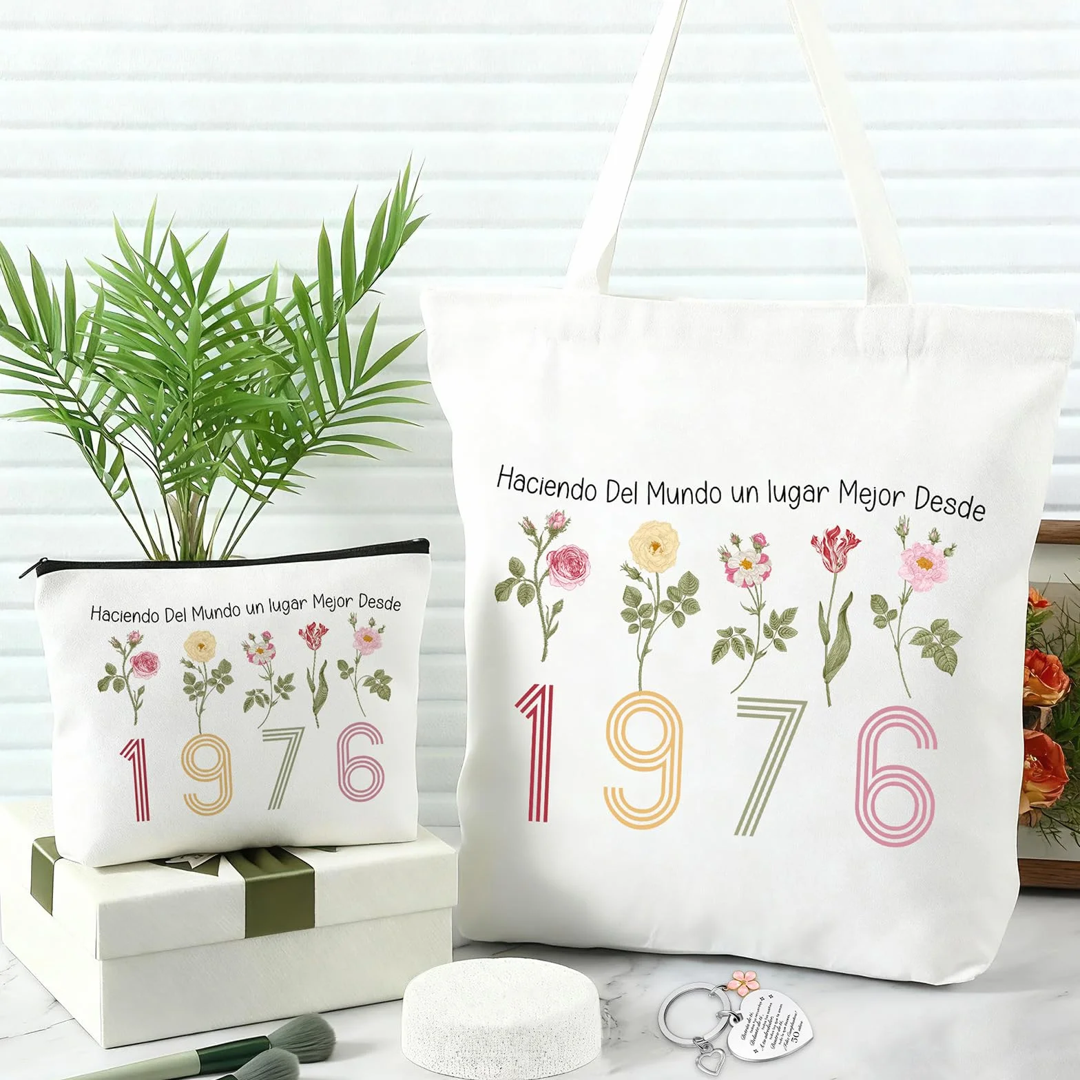 Xuniea Regalo Cumpleaños para Mujer, Bolsa de Maquillaje Arcoíris, Bolsa de Lona, Llavero de Acero Inoxidable, Regalo para Cumpleaños Aniversario Despedida Navidad (50 Años)
