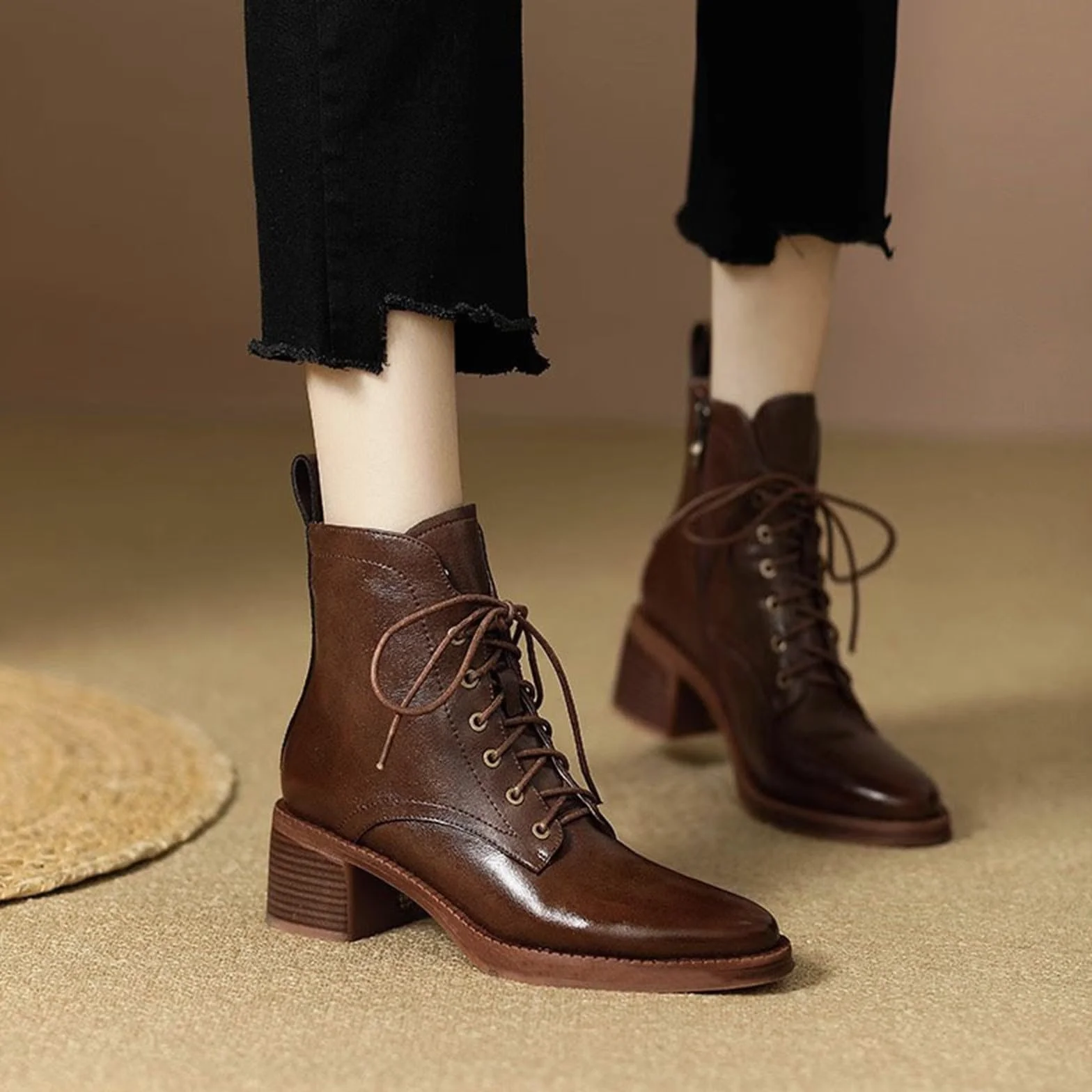 Genérico Botines Mujer Vestir Cordones Plataforma Botas Puntera Redonda Elegantes Zapatos Cómodos Ligeros Caminar Bota Casuales Antideslizantes Botin para Otoño Invierno Trabajo Paseo y Uso Diario