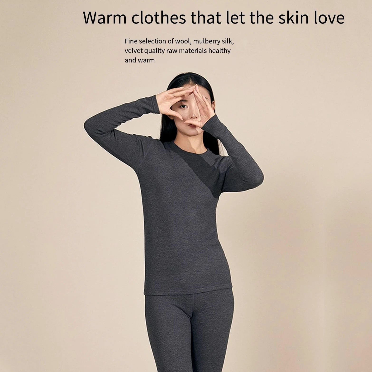Conjunto de Cuello Redondo Cubierto para Mujer, Ropa Interior térmica, Parte Superior e Inferior de Seda de Lana,B-3XL