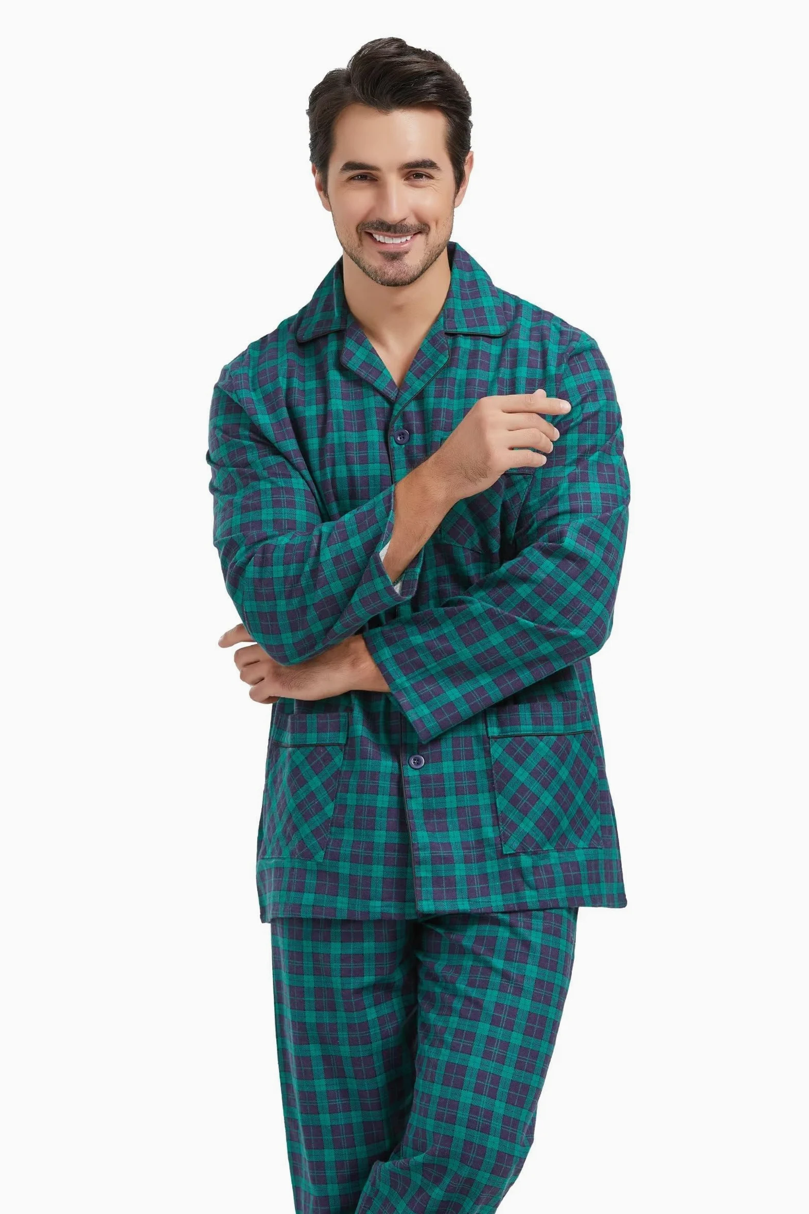 Amaxer Pijama de Dos Piezas Hombre, Conjunto de Pijama de Franela de algodón 100%, Ropa de Dormir para Hombre, Top de Manga Larga con Bolsillos, Pantalones de Pijama con cordón