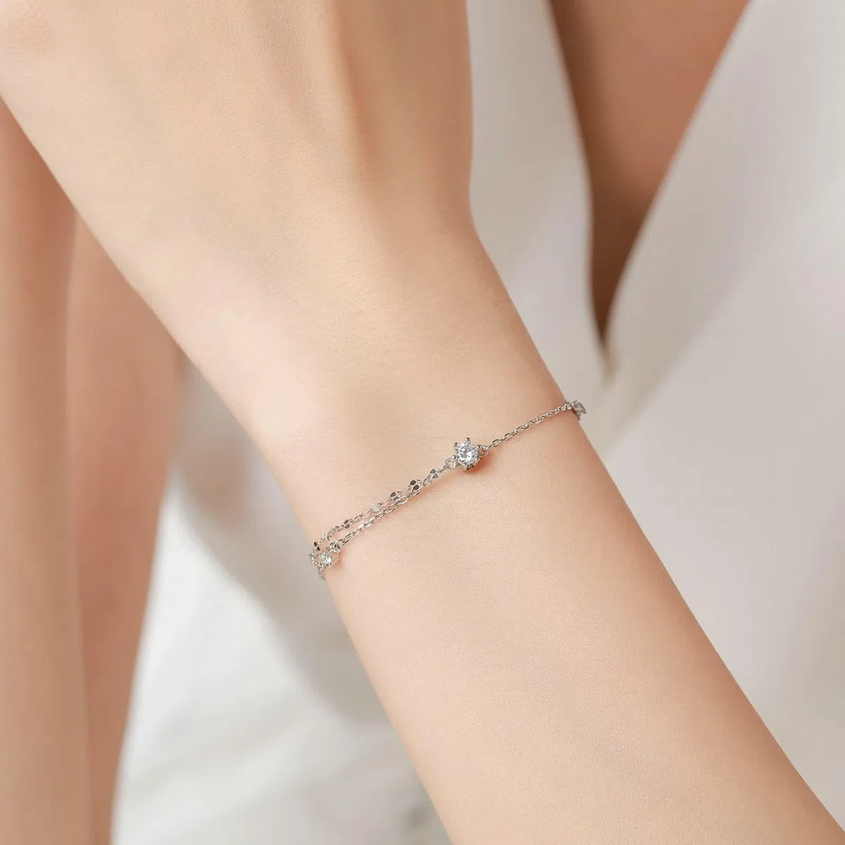 Pulsera de promesa, pulseras de joyería de una sola cara, cadena de doble capa con moissanita, plata, platino, 20 + 3 cm