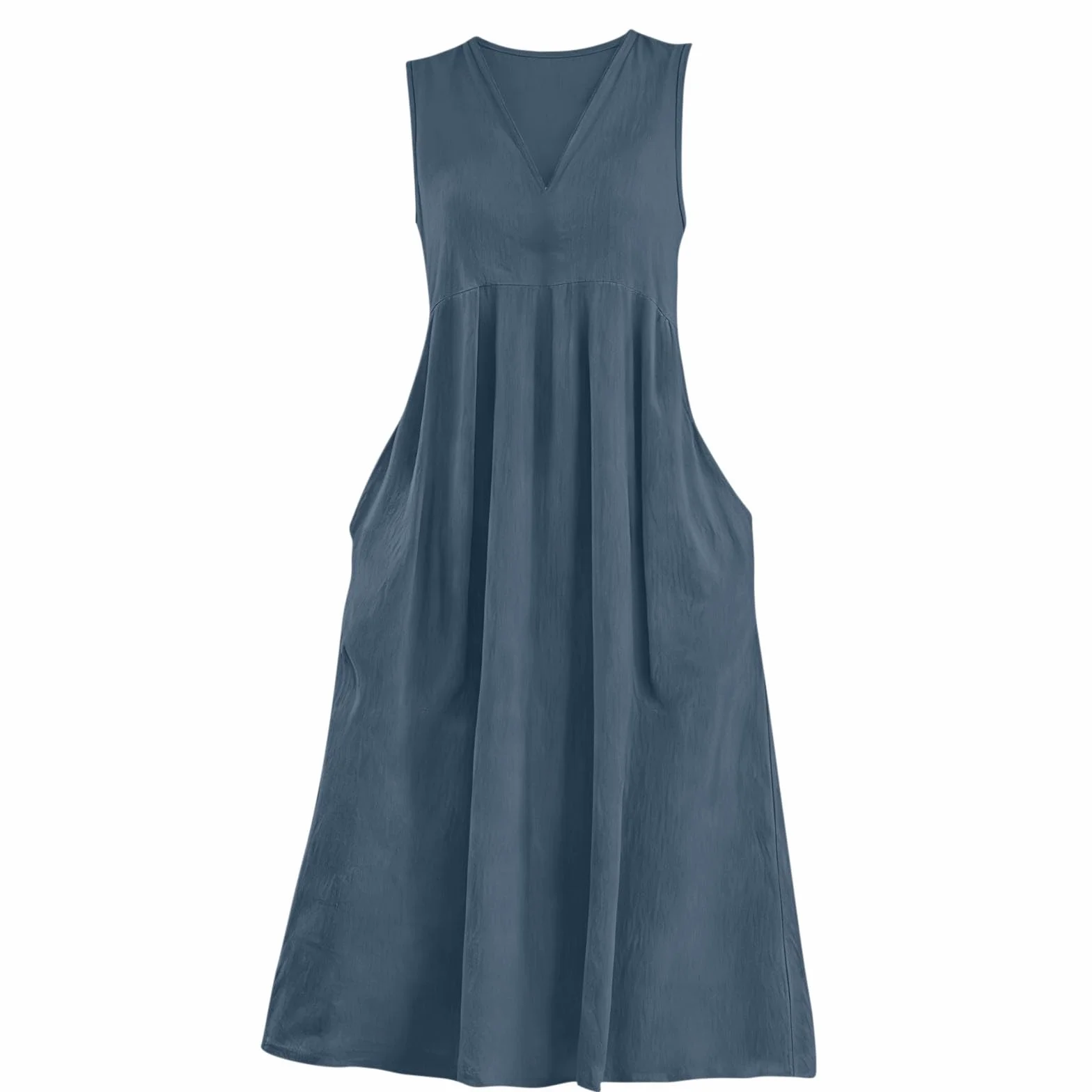 Vestido Mujer Verano Cuello V Algodón Lino Casual Suelto Color Sólido Largo Cintura Alta Bolsillos Cómodo Transpirable Maxi