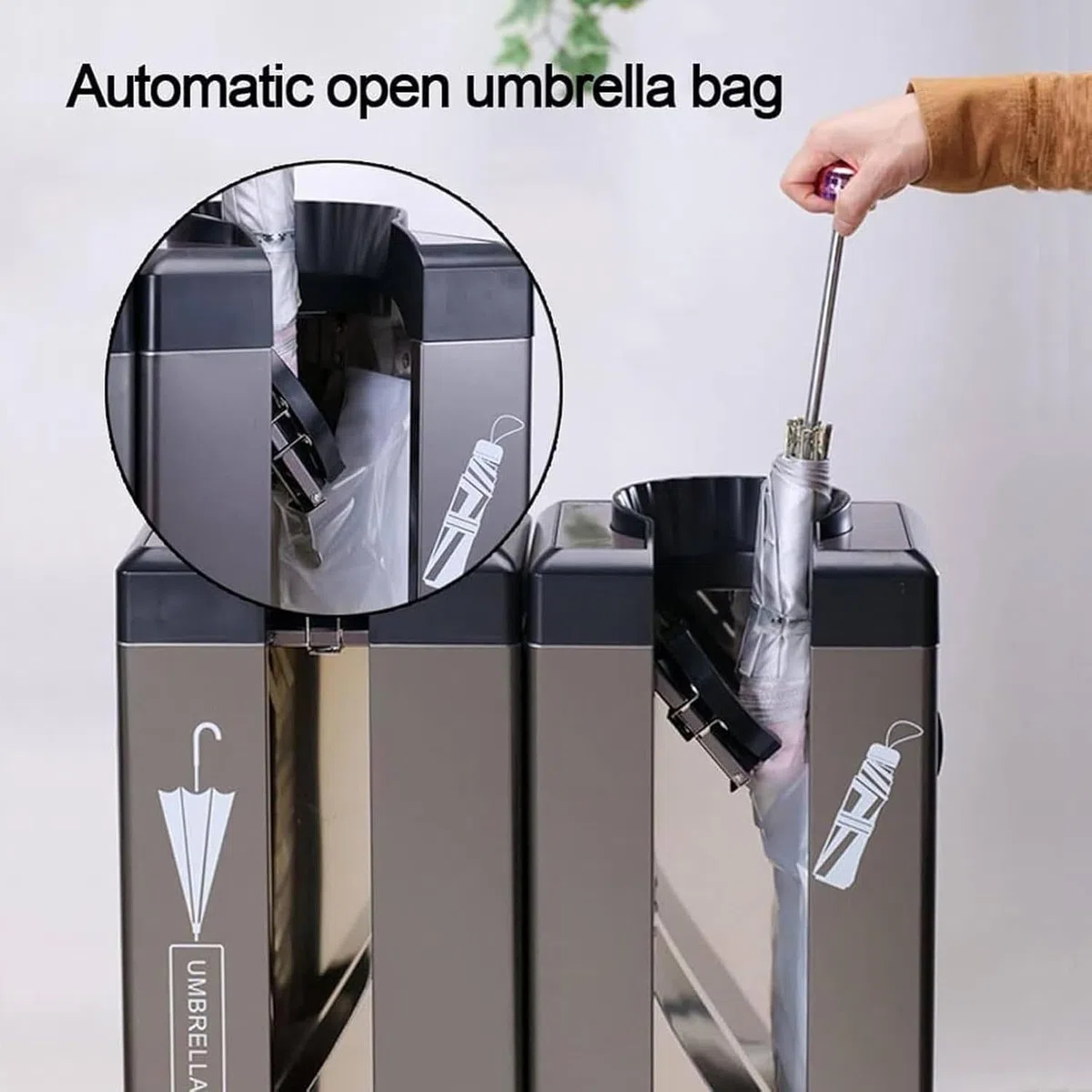 Empaquetadora automática de paraguas húmedo, 200 bolsas para paraguas, soporte de metal, mantiene seco el interior, color plateado