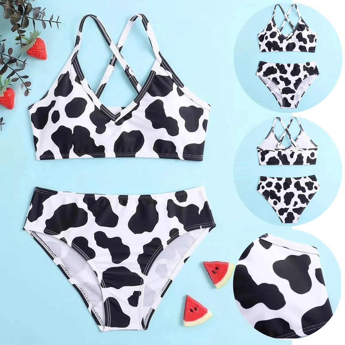 Generisch Traje de baño tankini para niñas con estampado floral de verano cruzado a través de la parte posterior lindo estampado niña vaca traje de baño de dos piezas