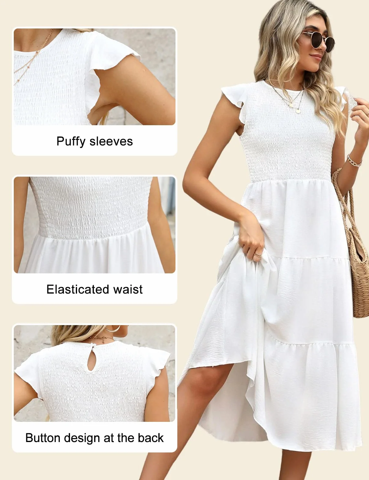 Yuson Mujer Vestido Largo Verano Cuello Redondo Manga Volante Elegante hasta la Rodilla Playa Elástico Casual