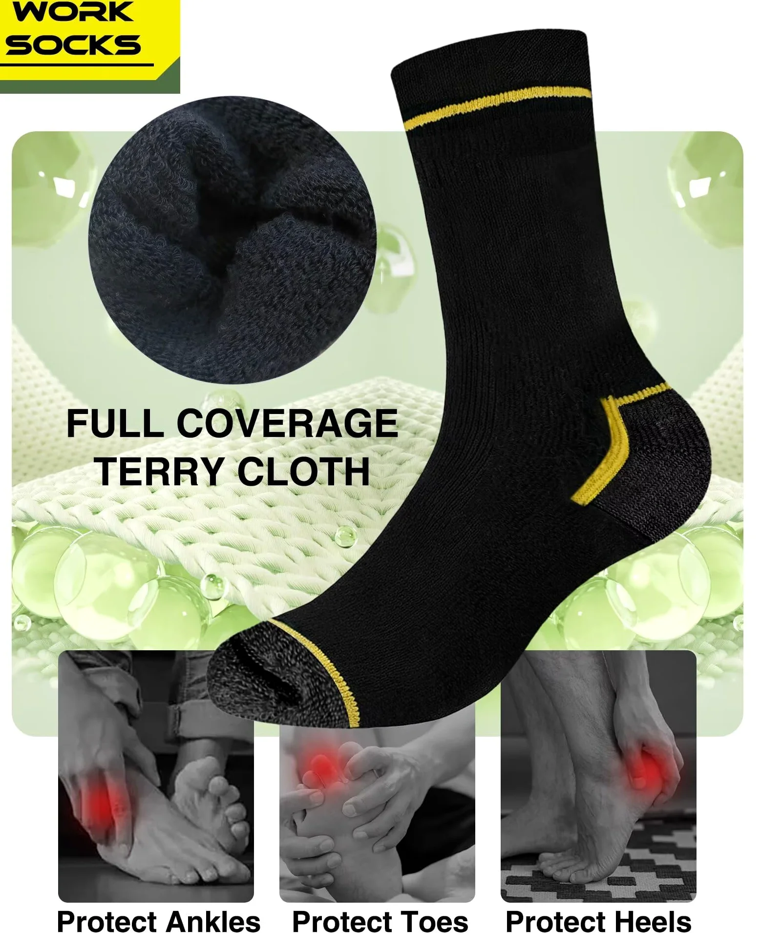 FALARY Calcetines Trabajo Hombre Bambú Rizo WORK Socks Durable 6 Pares | Respirable Cómodo, Absorbe la Humedad, Tela de Rizo Gruesa, Refuerzo en Talón y Puntera, Adecuado para Trabajadores Manuales