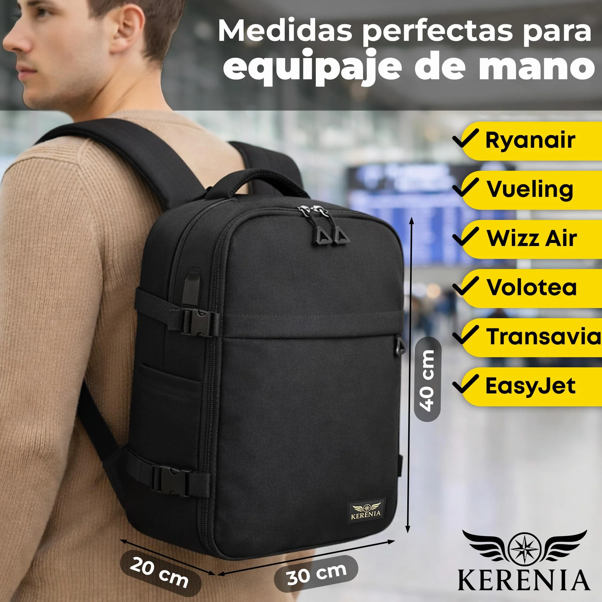 mochila cabina 40x30x20 24L Para Ryanair – equipaje de mano Bajo Asiento, mochila de viaje 40x30x20, Apertura 180º, Antirrobo, Compartimento portátil 15”, Banda Trolley, Diseñada en España.