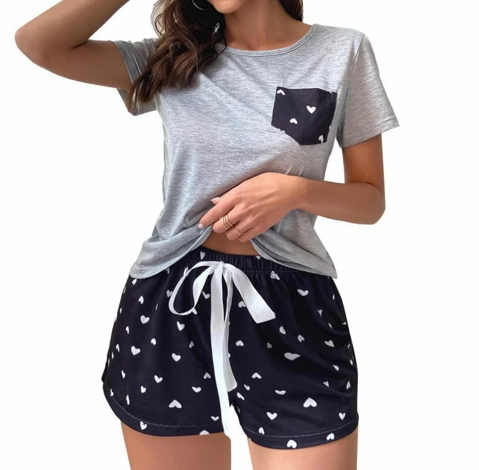 Pijama De Mujer Manga Corta,Pijama De Manga Corta De Verano Para Mujer Con Estampado De Corazón Y Cuello Redondo Gris Conjunto De 2 Piezas Pijama De Mujer De Moda Suave Ropa De Descanso Regalo Del