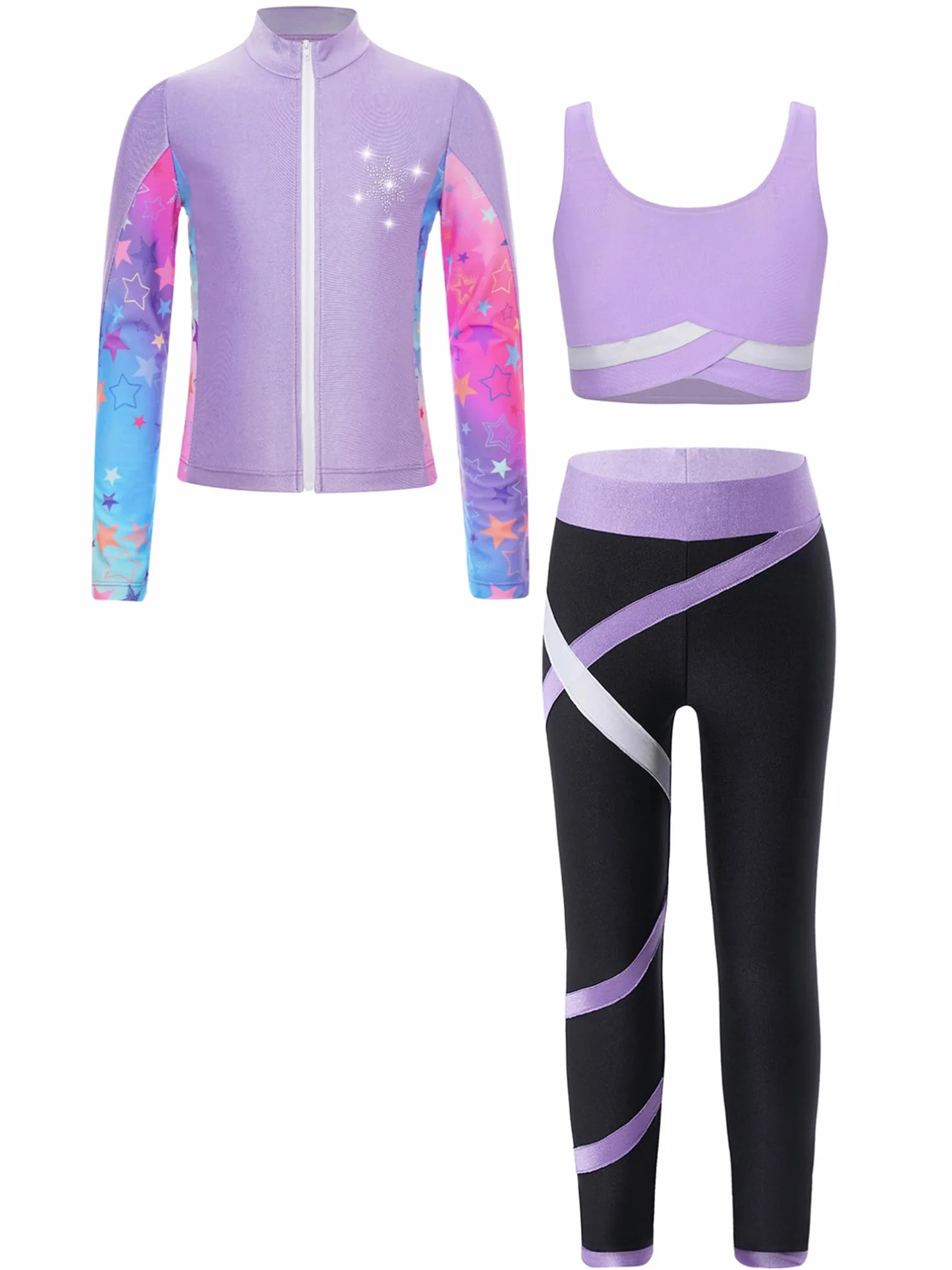 TiaoBug Conjunto Deportivo Para Niñas Chaqueta Manga Larga + Chaleco Sin Mangas + Leggings Traje De Gimnasia Rítmica Entrenamiento Púrpura claro 11-12 años