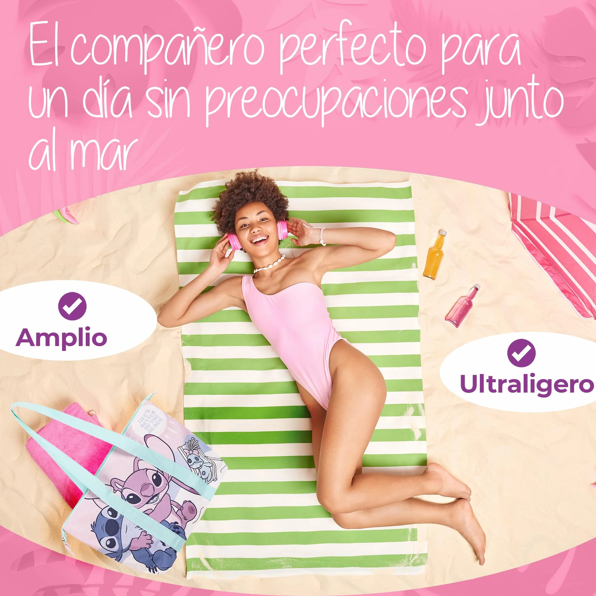 Bolso Stitch & Angel Niña – Bolsa Grande con Cremallera – Ligera y Espaciosa – Para Colegio, Piscina, Playa y Viajes