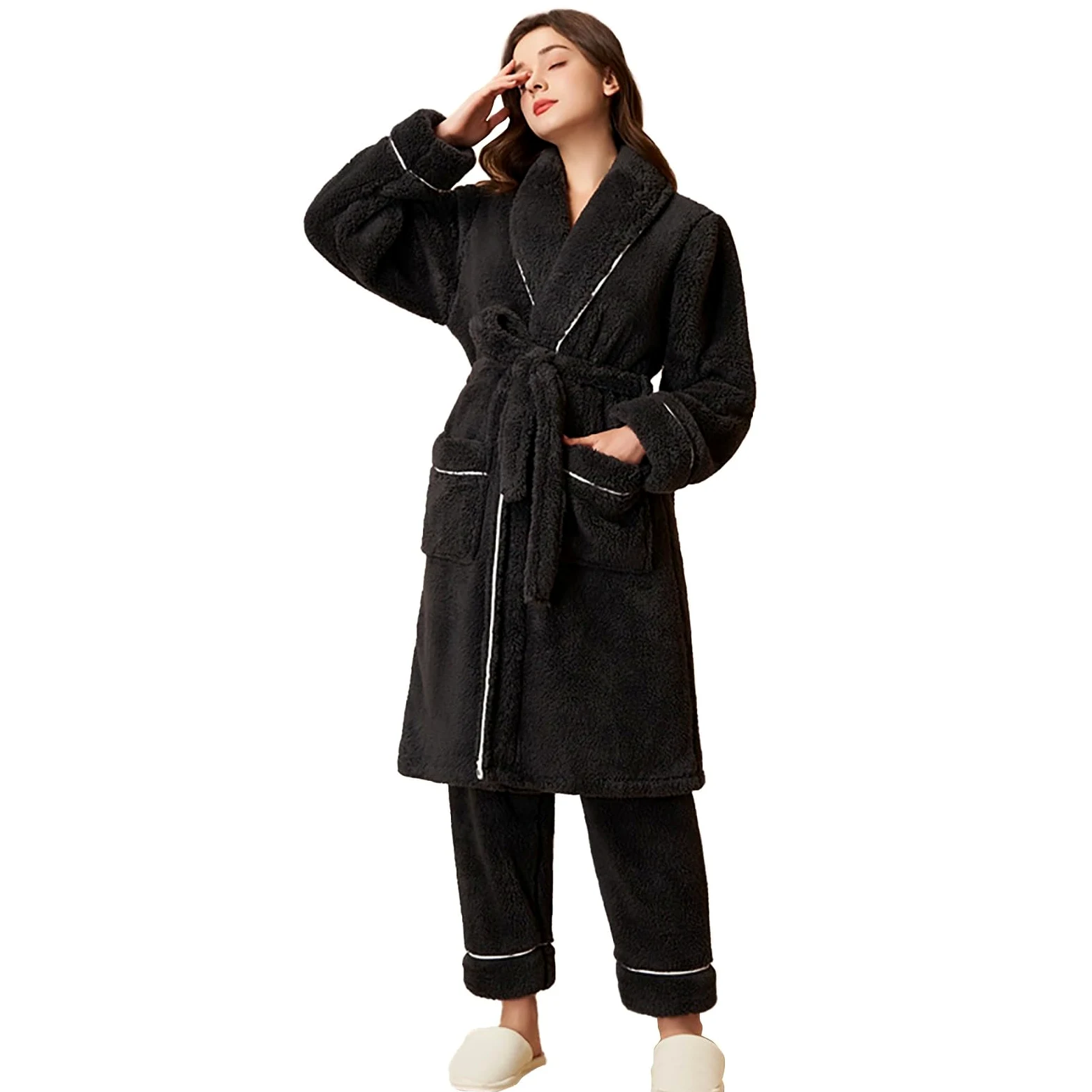Bata de baño de forro polar con cuello chal para mujer, bata larga de felpa con pantalones largos, conjunto de ropa de dormir gruesa y cálida, ropa de dormir para mujer, abrigo largo