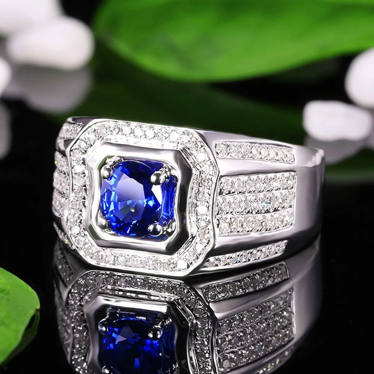 Anillo Hombre Boda, Anillos Oro 18K Hombre Azul 1.23 Kilates Zafiro Creado En Laboratorio Cuadrado Oro Blanco 750 con Moissanita Talla 25