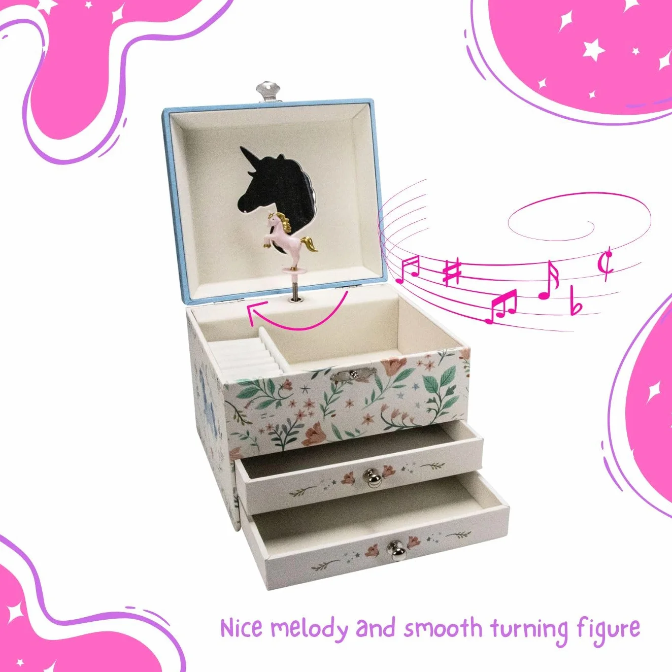 GICO Joyero con diseño de unicornio de dos cajones para niñas, joyero con caja de música, figura giratoria y espejo, regalo de cumpleaños para niñas - 92065