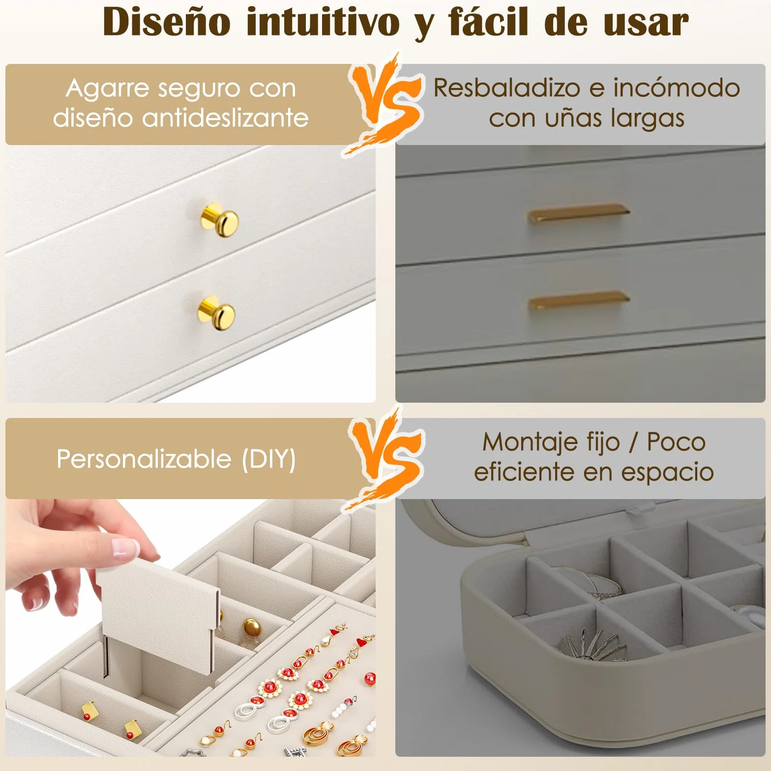 Caja Grande para Joyas 3 Niveles 24 Compartimentos Organizador de Anillos Collares y Pendientes con Tapa Transparente Blanco Mate