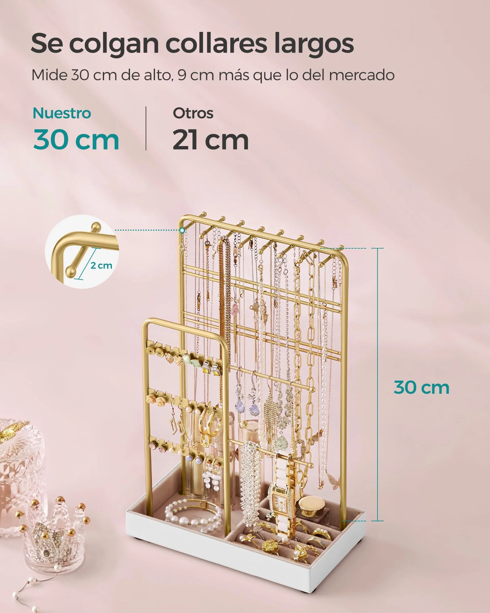 SONGMICS Soporte para Joyas, Organizador de Joyas, Marco de Metal Bandeja de Terciopelo Dorado