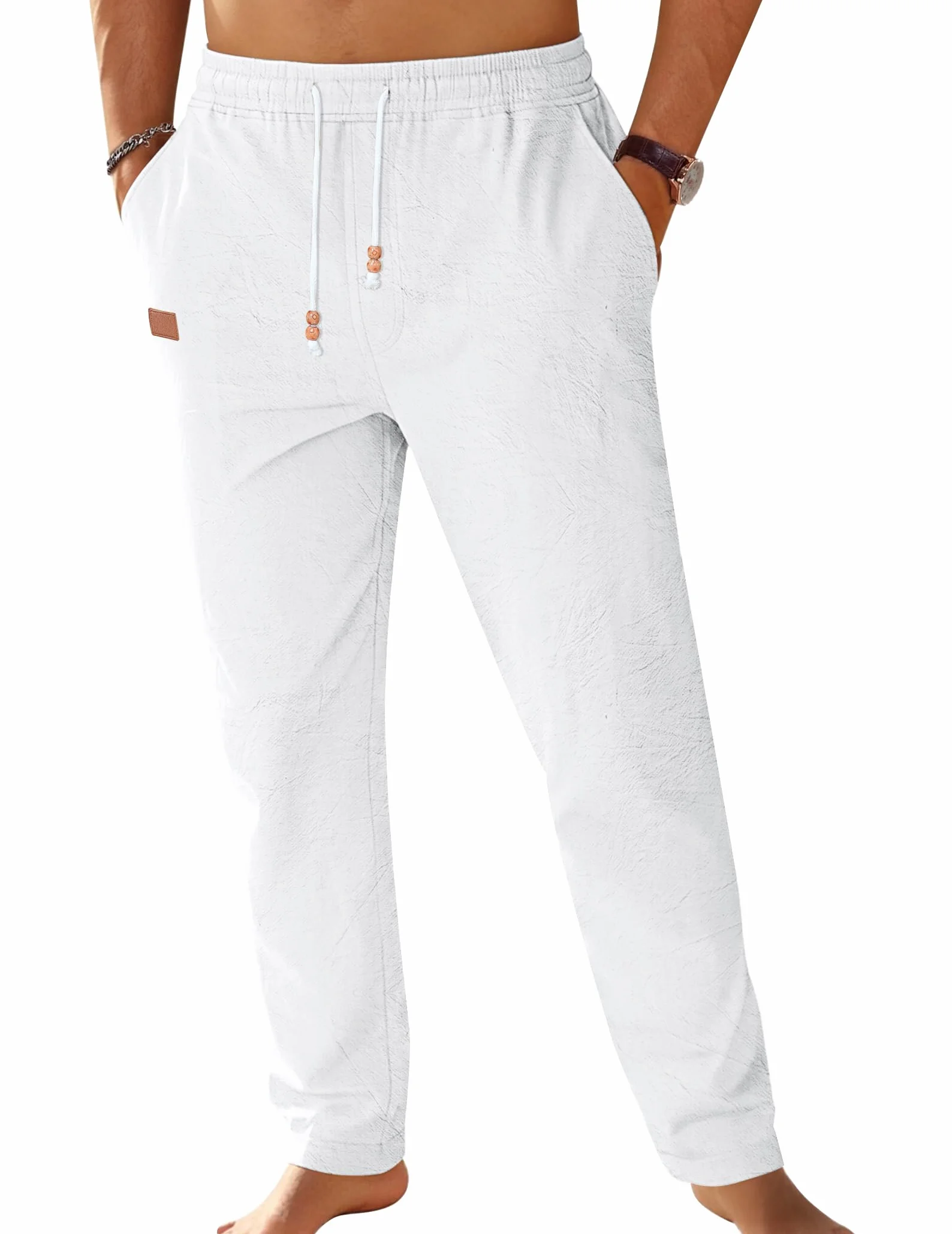 TARAINYA Pantalón Lino Hombre en Mezcla de Algodón y Lino con Cordón Ajustable y Bolsillos Ideal para Practicar Yoga y para la Playa