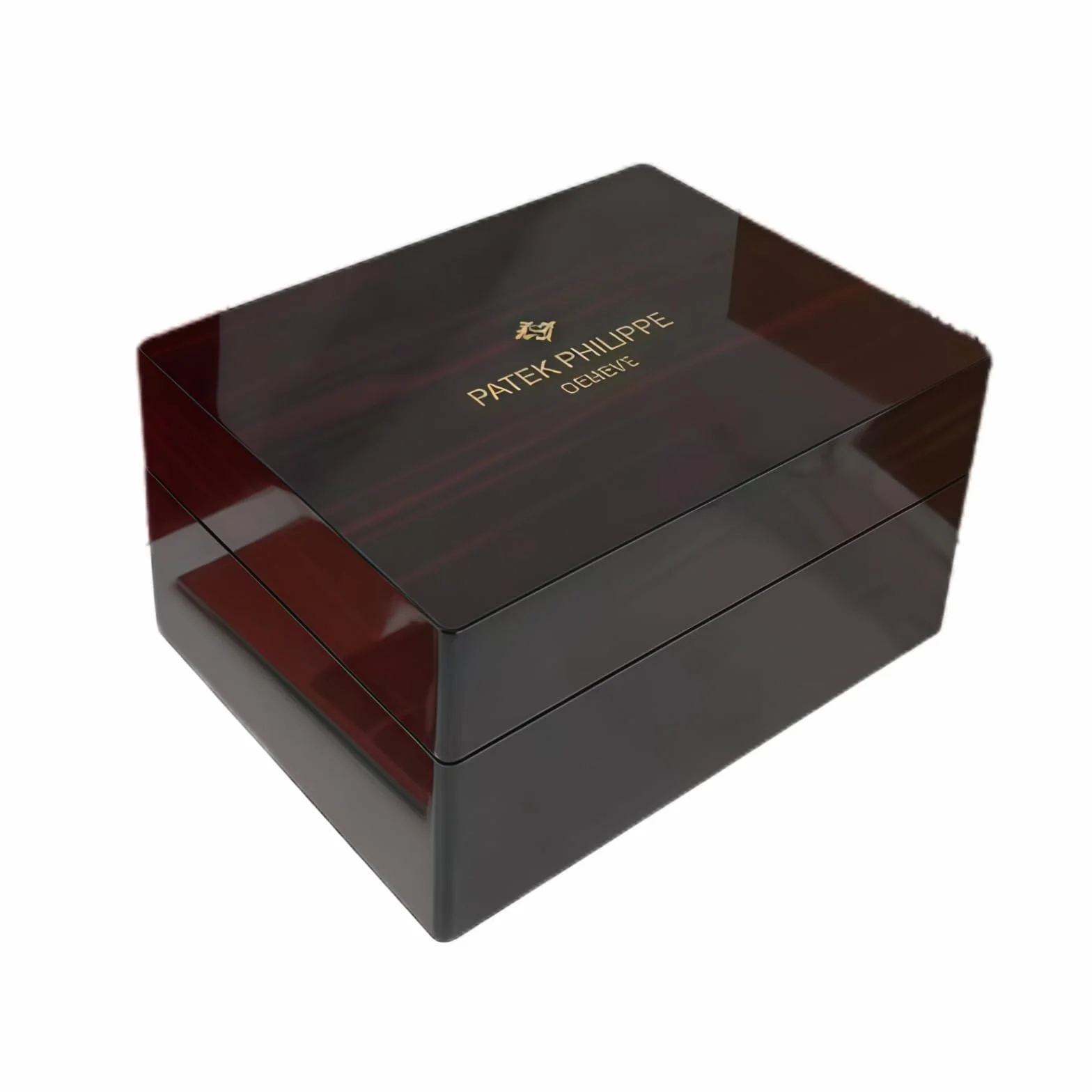 Patek Philippe Caja Reloj Madera Caoba Oscura Lacado Piano Alto Brillo Interior Cuero Crema Estuche Almacenamiento Lujo