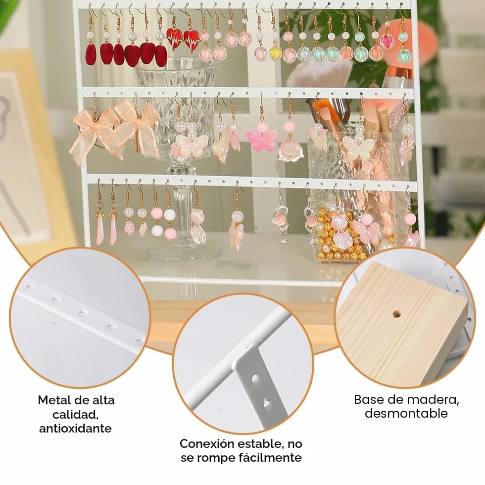 Organizador de Pendientes 60 Agujeros 3 Niveles con Base de Madera