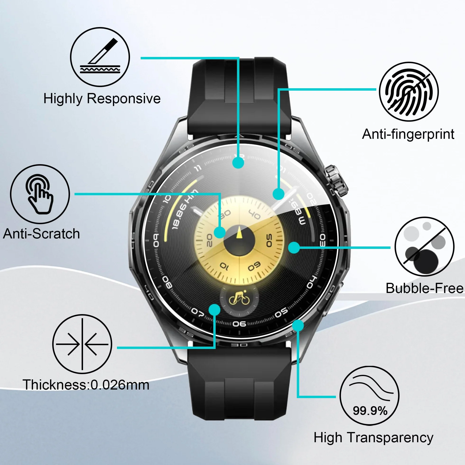 3 Pack Cristal Templado para Huawei watch GT 6 46mm Protector de Pantalla con marco de posición, HD Vidrio Templado [ Anti-arañazo] [ Sin Burbujas] fácil instalación