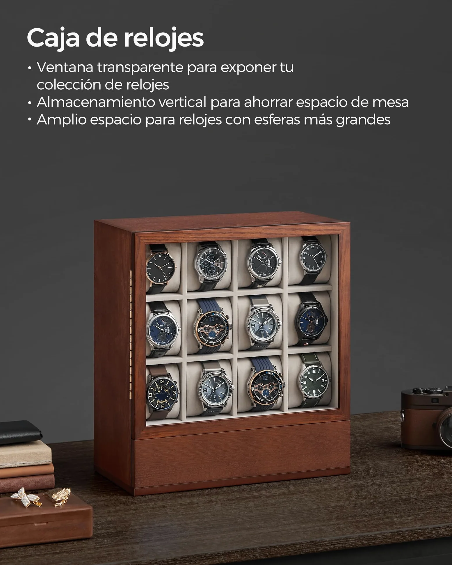 SONGMICS JOW014K01 Caja de relojes con 12 cajones, caja de reloj de madera con ventana, gabinete de exhibición de madera de chapa maciza, almacenamiento vertical, ahorro de espacio, idea