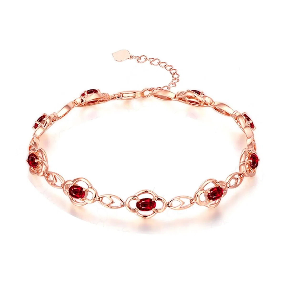 Pulseras de Mujer de Oro Rosa de 9 Kilates / 14 Kilates / 18 Kilates, Hueco y Oval con Rubí y Diamante, Cadena Extensible 16 CM + 5 CM, Pulseras de Mujer Ajustable de Oro Rosa