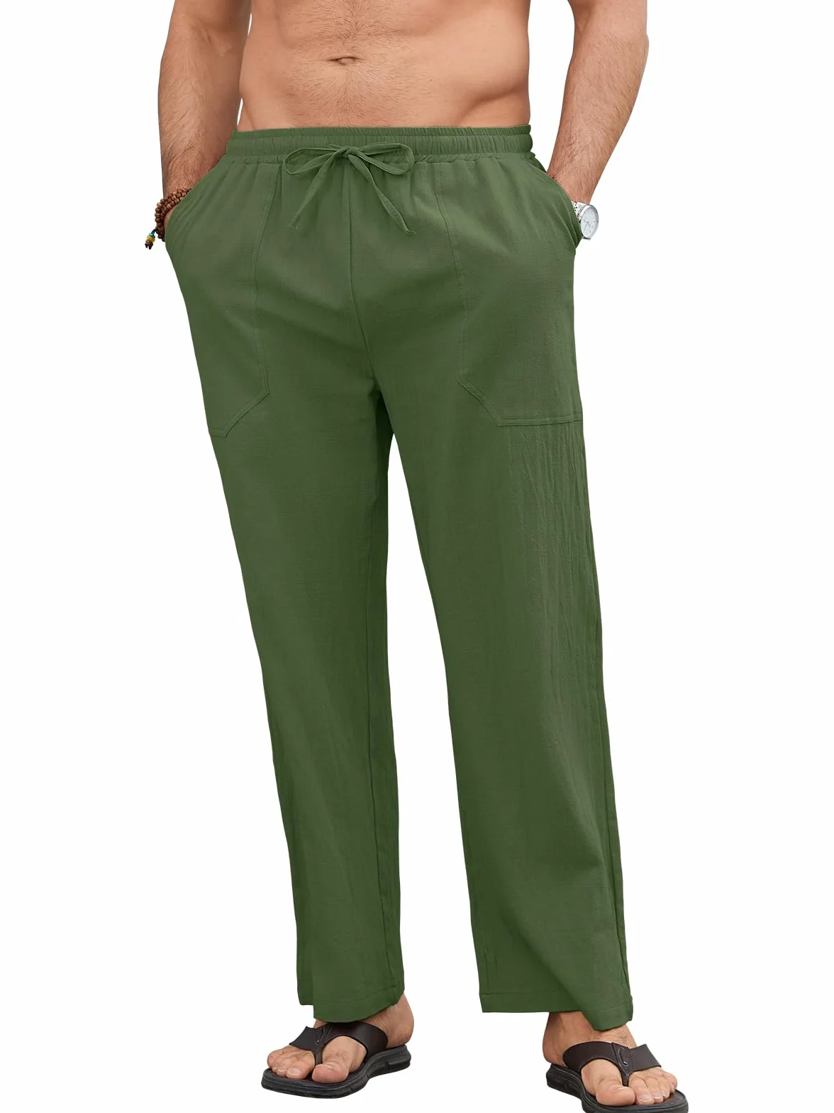 Pantalon Lino Hombre Pantalones de Verano Ligero Corte Holgado con Cintura Elástica y Cordón, con Bolsillos, para Playa, Vacaciones y Uso Diario