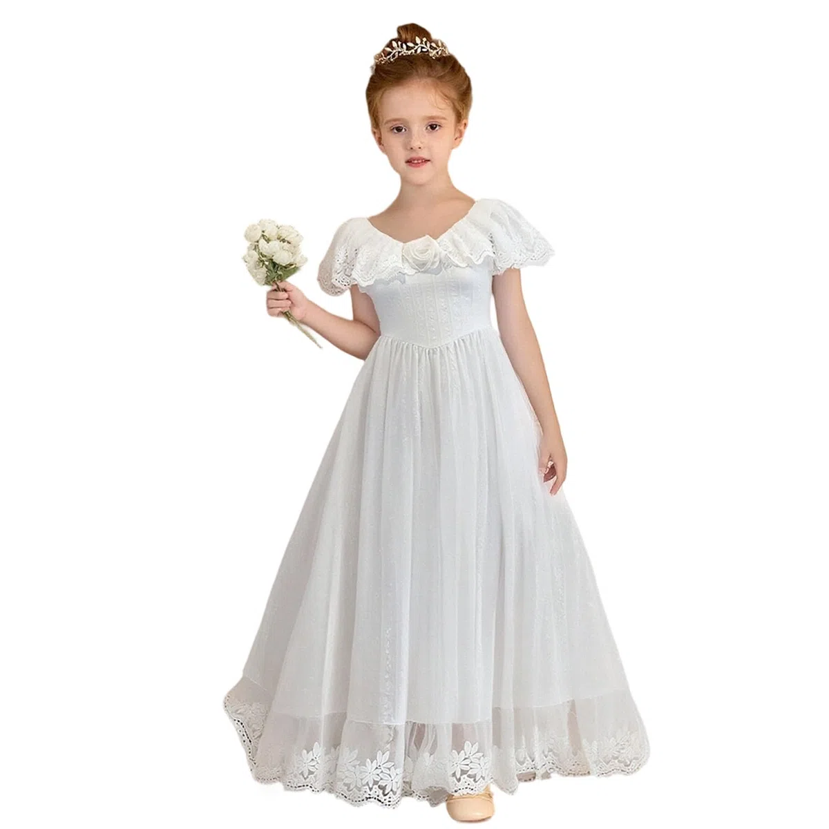 Generisch Vestido de niña de estilo francés suave, blanco, con un solo hombro, adecuado para niños de 8 a 13 años