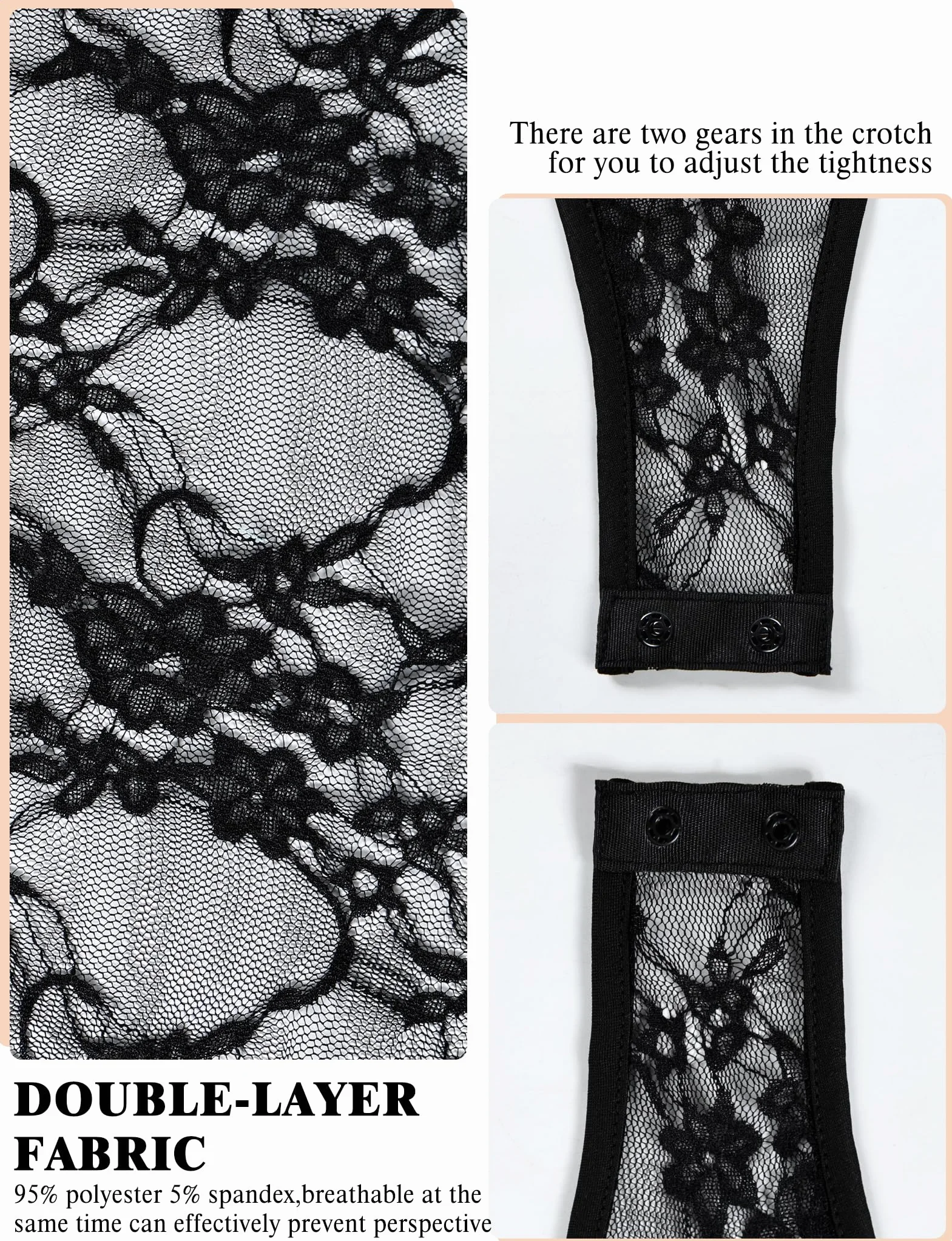 Buauty Body de malla para mujer, traje de cuerpo de encaje para mujer, manga larga, parte superior de malla transparente, cuello alto falso, ropa sexy