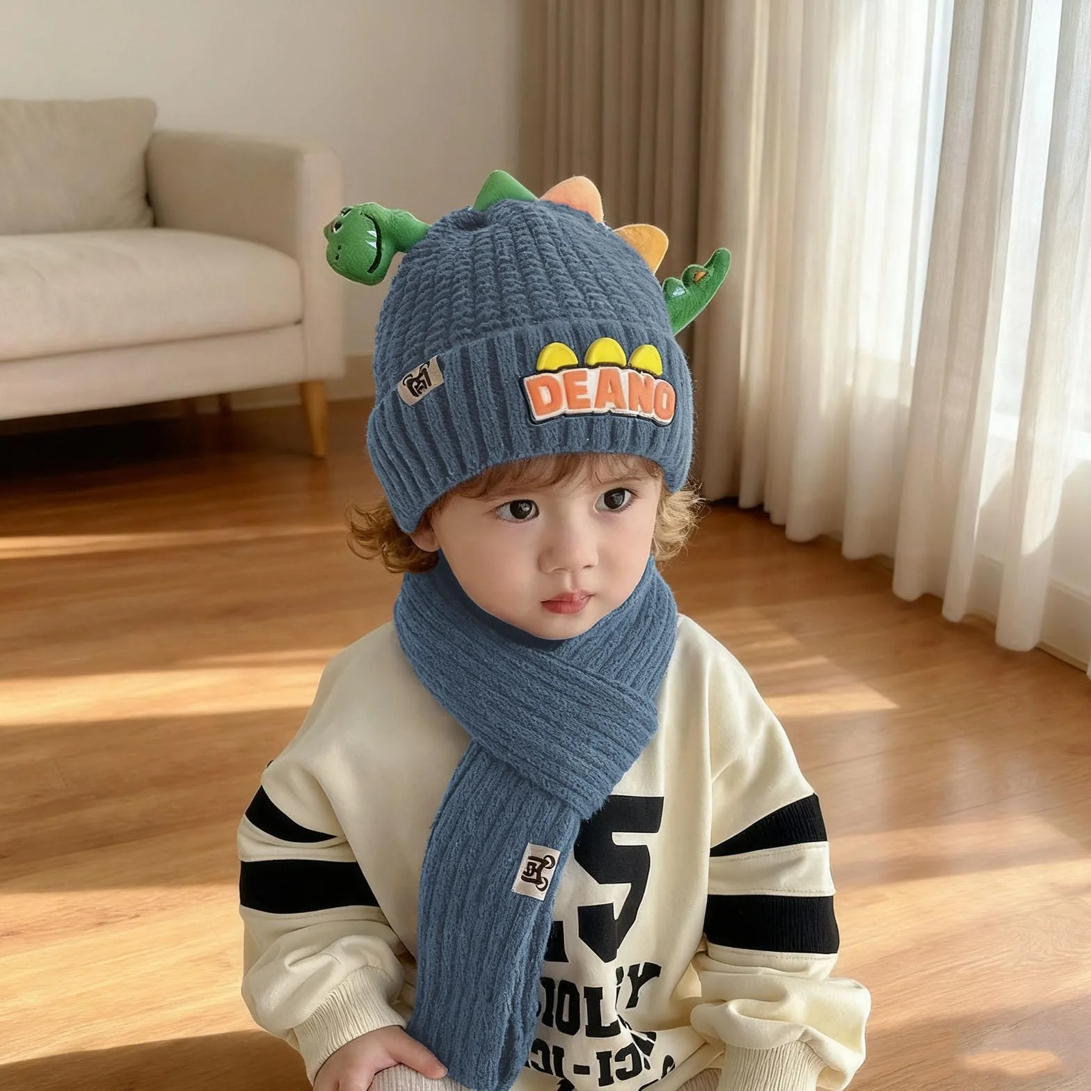 Conjunto Bufanda Gorro y Guantes Niño, Set de Gorra Bufanda Guantes Termicos Niño, 3 en 1 de Punto Gorras Beanie Bufandas Guante Termico, Diseño de Dinosaurios Lindo Gorros Scarf Winter Gloves