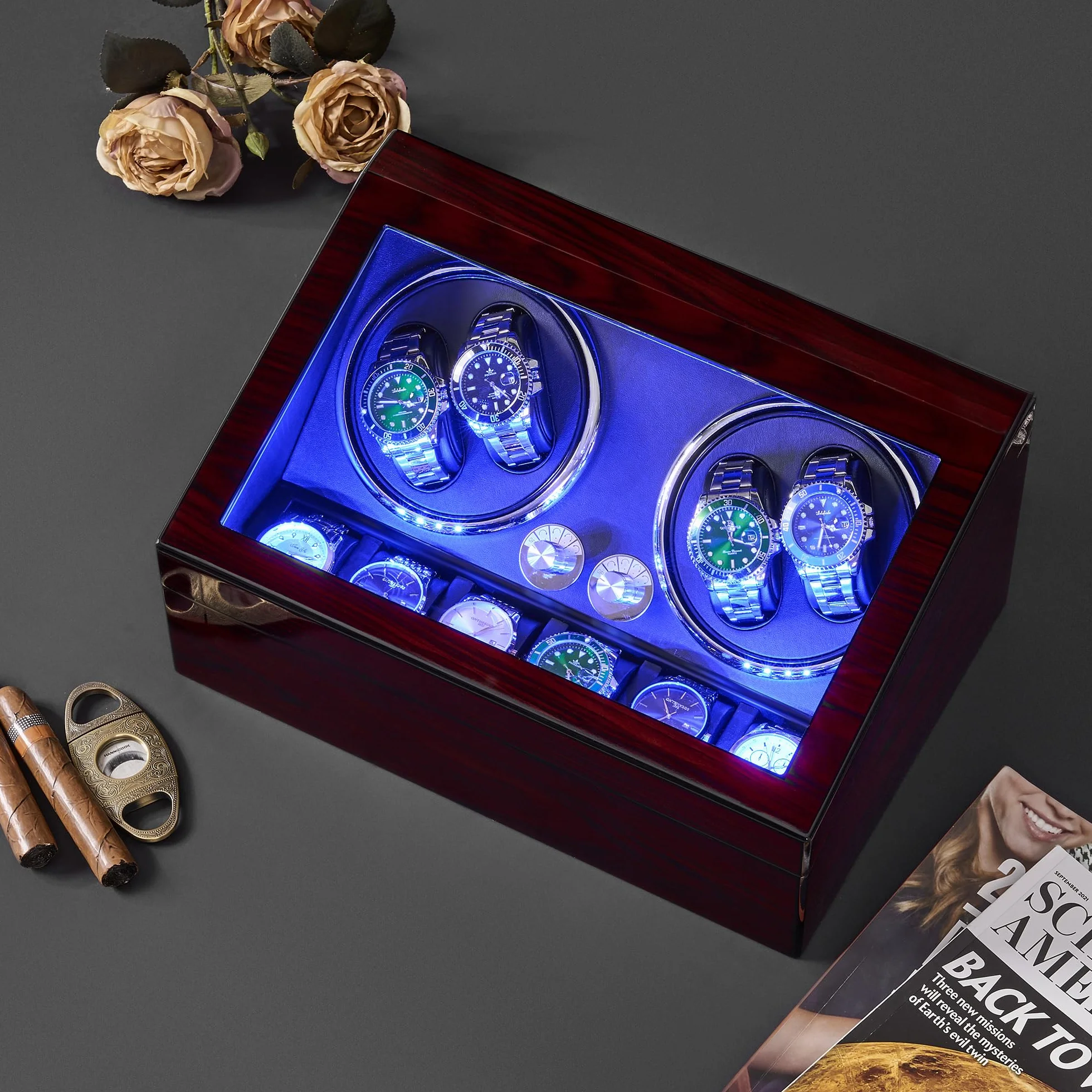 ANWBROAD Enrollador para Relojes Automáticos Caja Giratoria Automática con 4+6 Compartimentos para Relojes y Joyas Silencioso Watch Winder con LED & Motor Mabuchi & 4 Modos JWW002Y