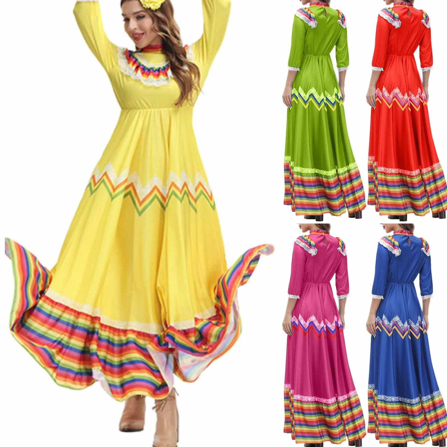 Vestido Bohemio para Mujer, Vestido Tradicional Mexicano, Vestido de Baile Folklórico, Vestido de Cinco de Mayo, Holgado, Dobladillo Grande, Vestido de Verano Largo