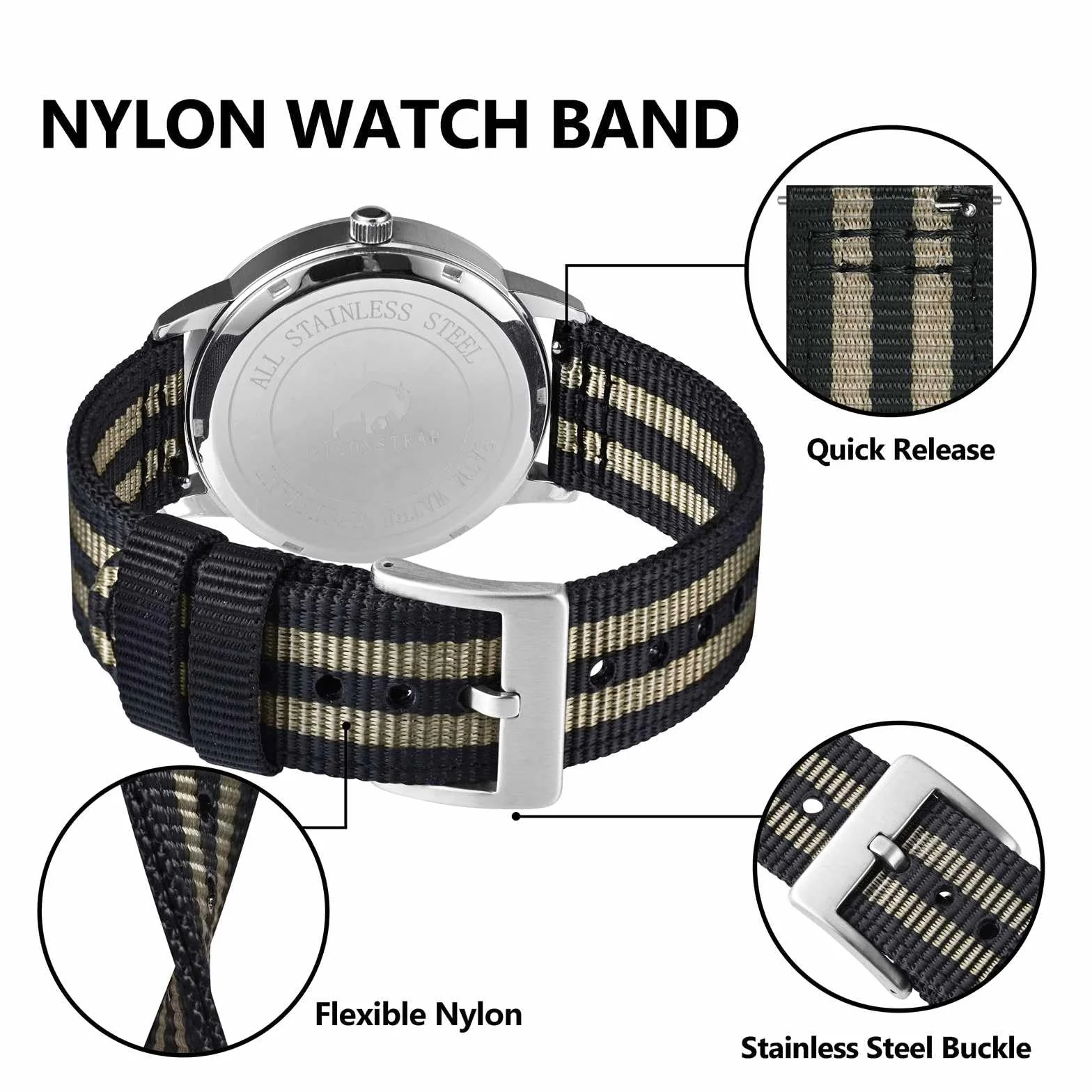 BISONSTRAP Correas de Nailon Militar, Correas de Reloj para Hombres, Liberación Rápida, Hebilla Cepillada, Ancho de Correa 18mm 19mm 20mm 22mm