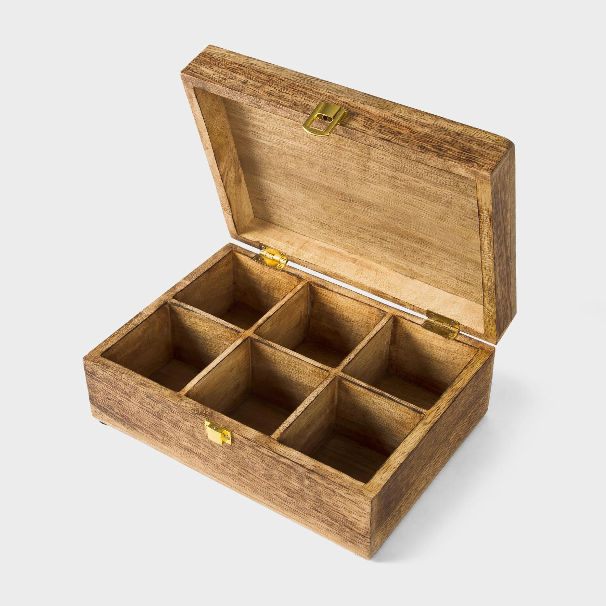 Mela Artisans Caja de recuerdos de madera con tapa con bisagras y pestillo, caja de almacenamiento decorativa grande con 6 particiones para fotos, joyas, manualidades, regalos hechos a mano, caja