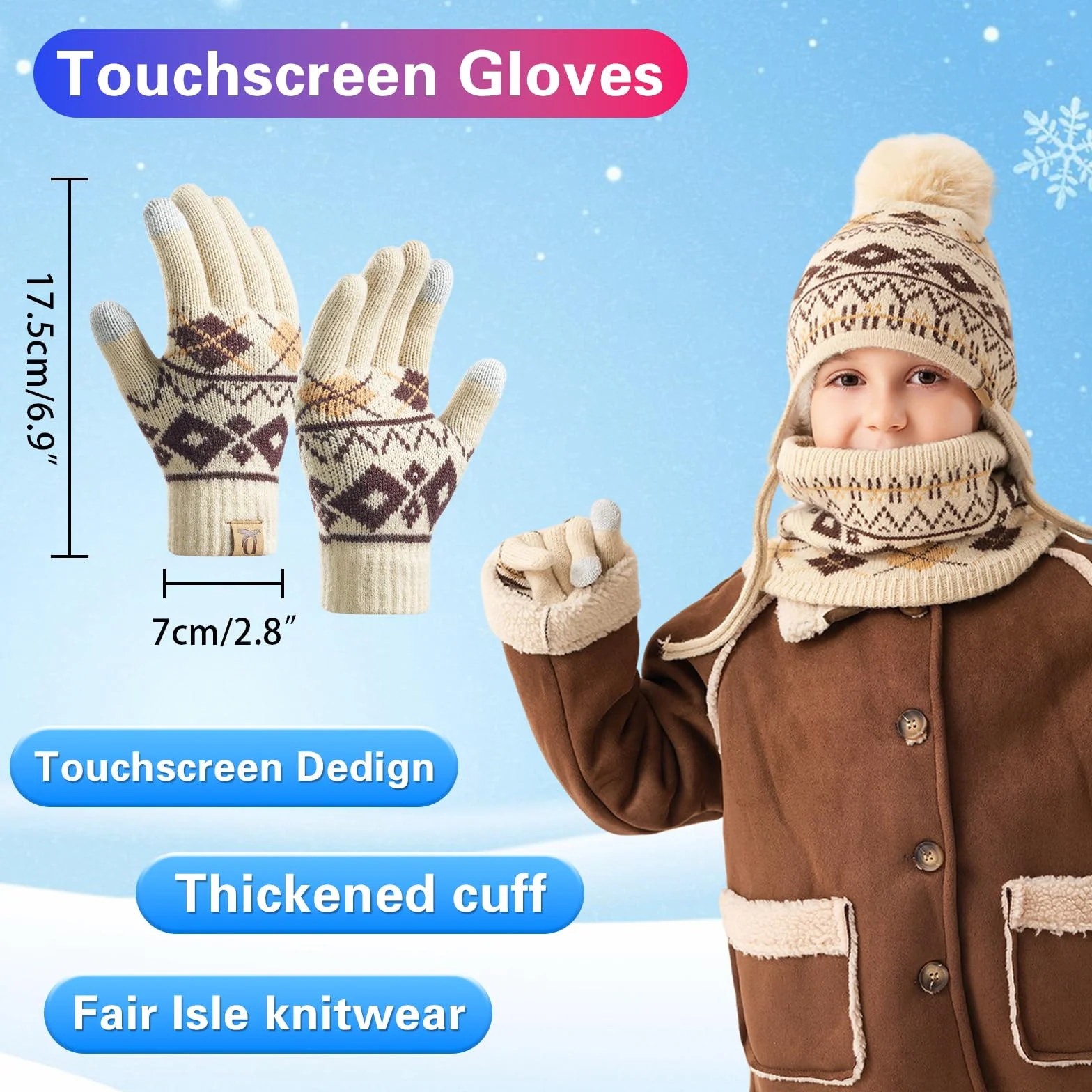 Juego de 3 piezas de invierno para niños con forro polar y gorra, polaina para el cuello, guantes para 3-8 años con pompón, cálidos, pantalla táctil, nieve, escuela, uso al aire libre