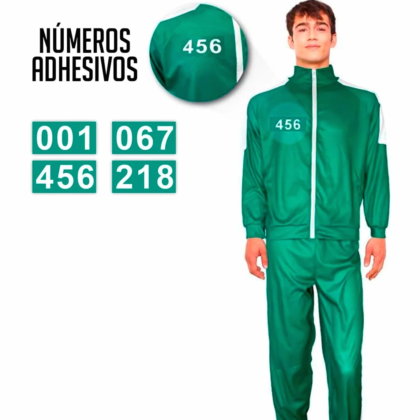Disfraz de chándal verde y rayas blancas números inspirado en la serie Calamar talla S