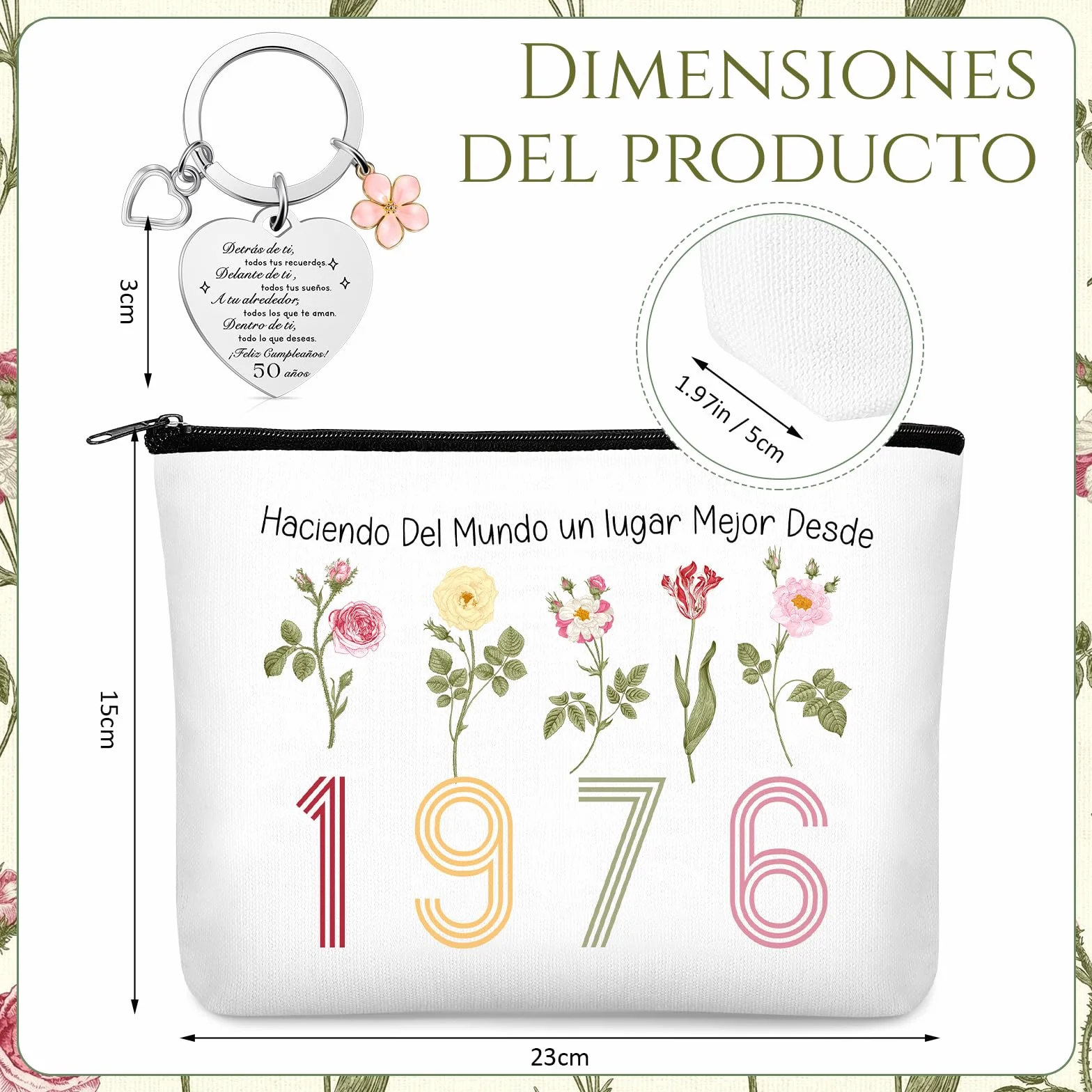 Xuniea Regalo Cumpleaños para Mujer, Bolsa de Maquillaje Arcoíris, Bolsa de Lona, Llavero de Acero Inoxidable, Regalo para Cumpleaños Aniversario Despedida Navidad (50 Años)