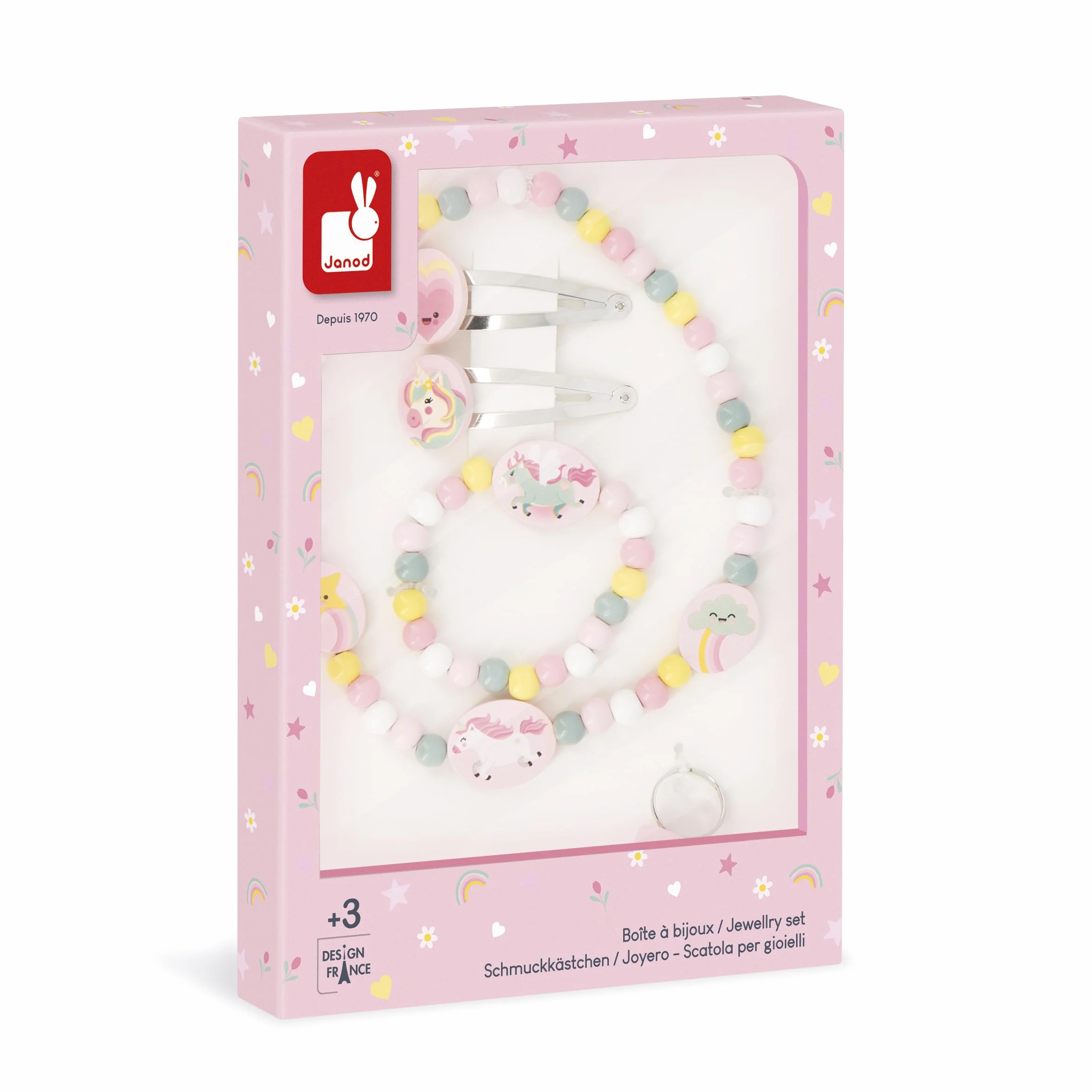 Janod Set de 5 Joyas de Madera Unicornios - Collar, Pulsera, Anillo y 2 Clips - FSC - A Partir de 3 Años