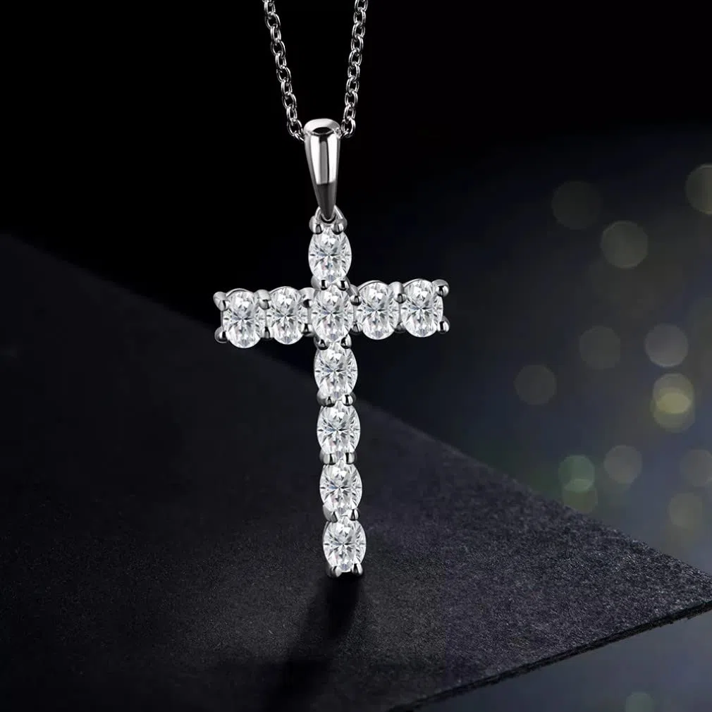 Colgantes Cruzados de moissanita de 4x3mm para Mujer, Collar de Plata de Ley 925 sólida para Compromiso, Regalos de Novia