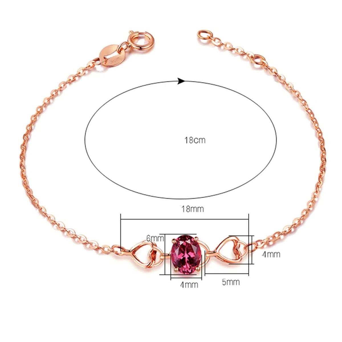 Pulsera para Mujer de Oro Rosa 9 Kilates / 14 Kilates / 18 Kilates, Corazón Hueco y Oval con Turmalina, Cadena Extensible 16 CM + 5 CM, Pulsera Mujer Ajustable de Oro Rosa
