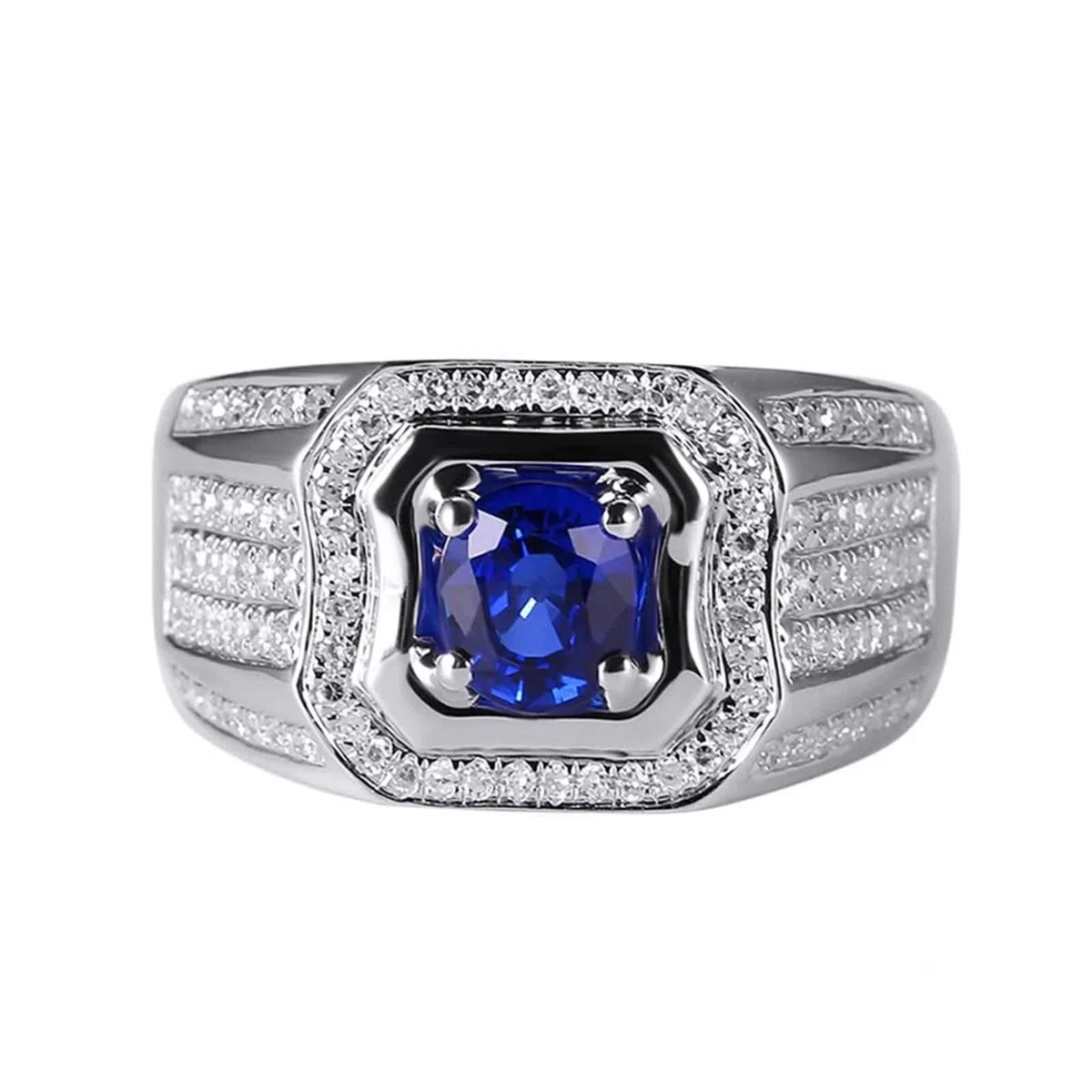 Anillo Hombre Boda, Anillos Oro 18K Hombre Azul 1.23 Kilates Zafiro Creado En Laboratorio Cuadrado Oro Blanco 750 con Moissanita Talla 25
