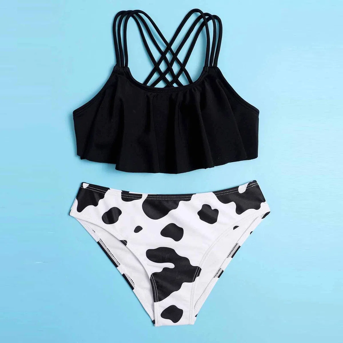 Traje de baño para niña adolescente, traje de baño para bebé, cruzado a través de la espalda, camiseta de vaca de verano, 2 piezas, bikini